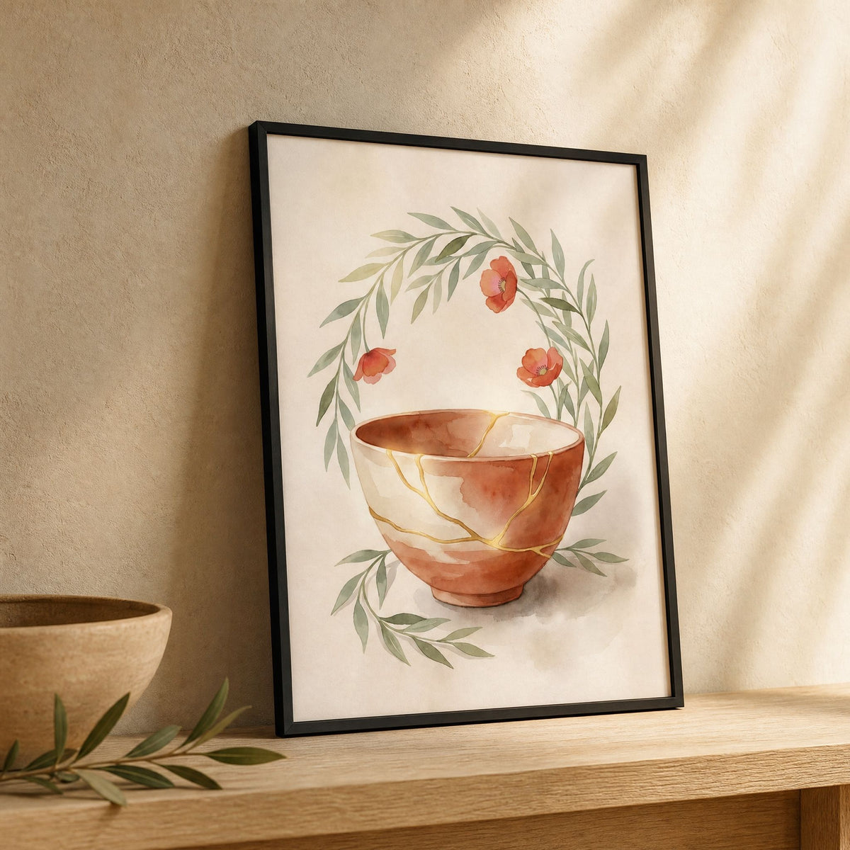 Framed kintsugi print leaning on an oak console beside a clay bowl and an olive sprig in raking afternoon light