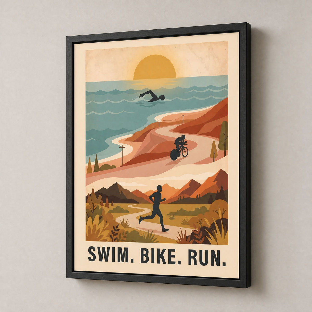 Triathlon Poster: Retro Swim Bike Run Framed Wall Art