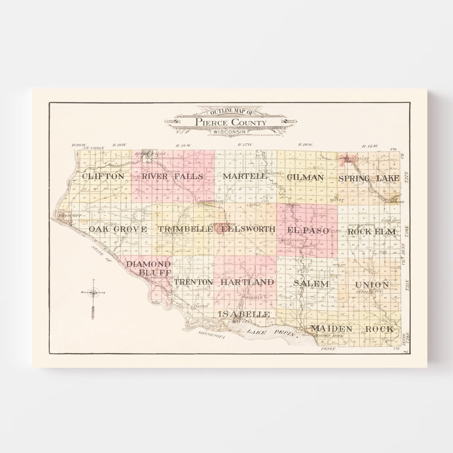 Vintage Map of Pierce County, Wisconsin, 1908