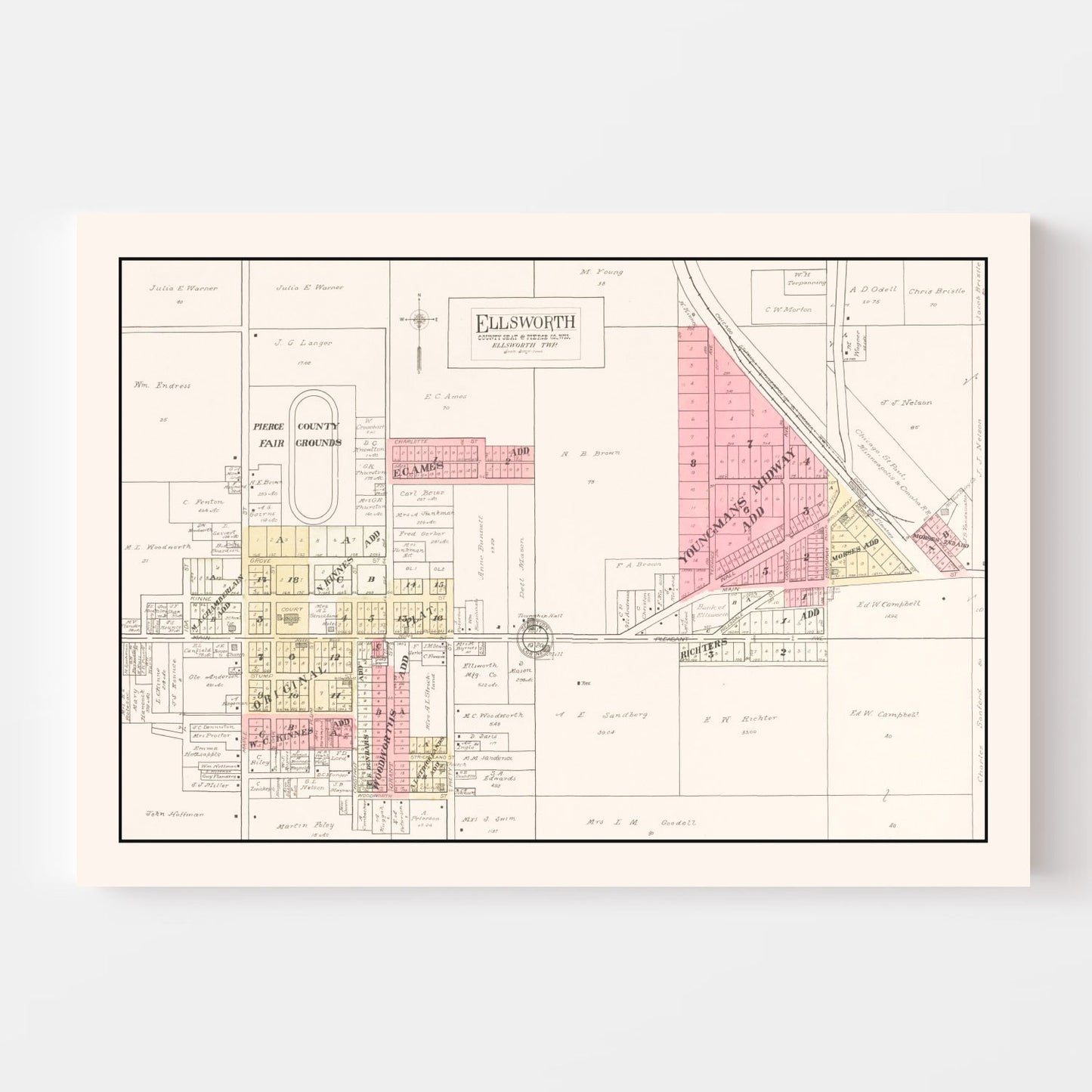 Vintage Map of Ellsworth, Wisconsin 1908