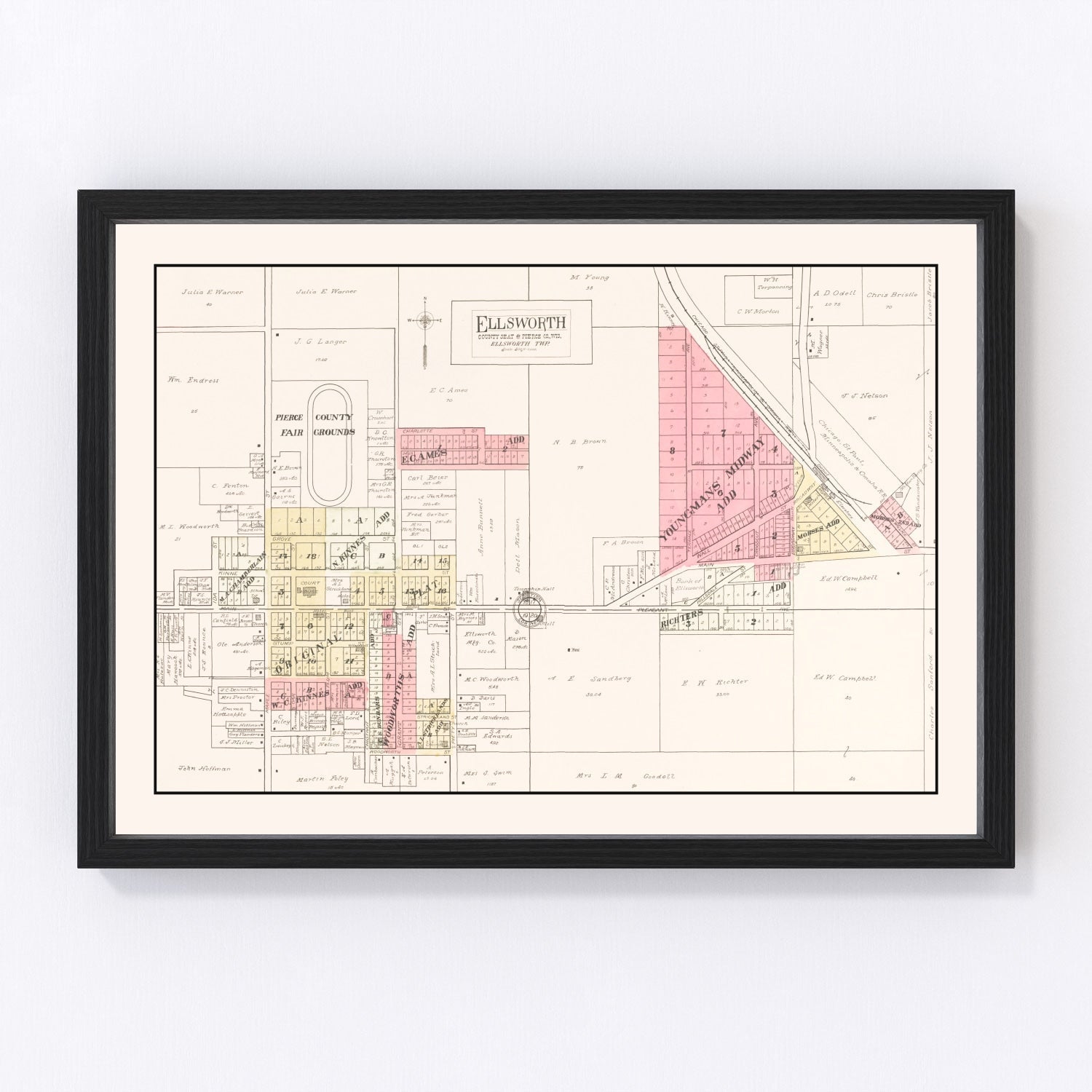 vintage map of Ellsworth, Wisconsin, 1908