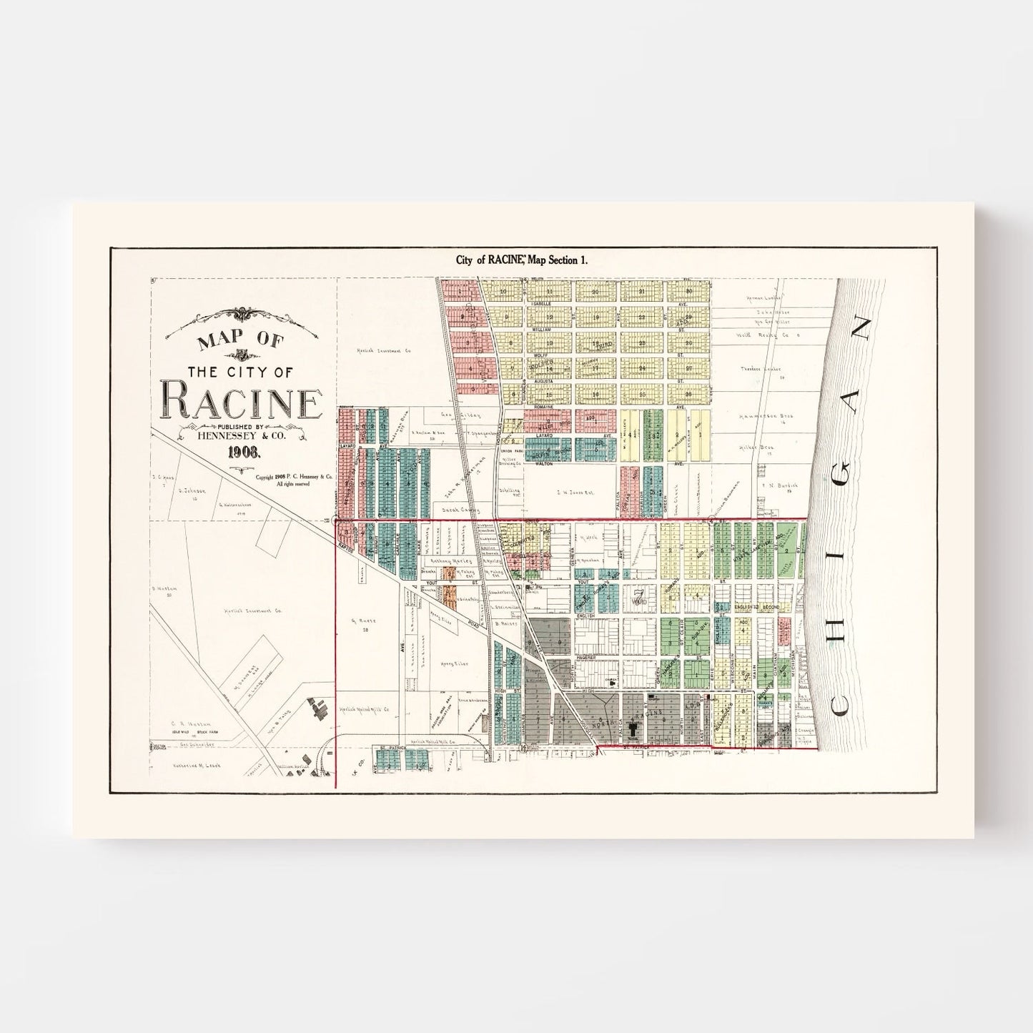Vintage Map of Racine, Wisconsin, 1908
