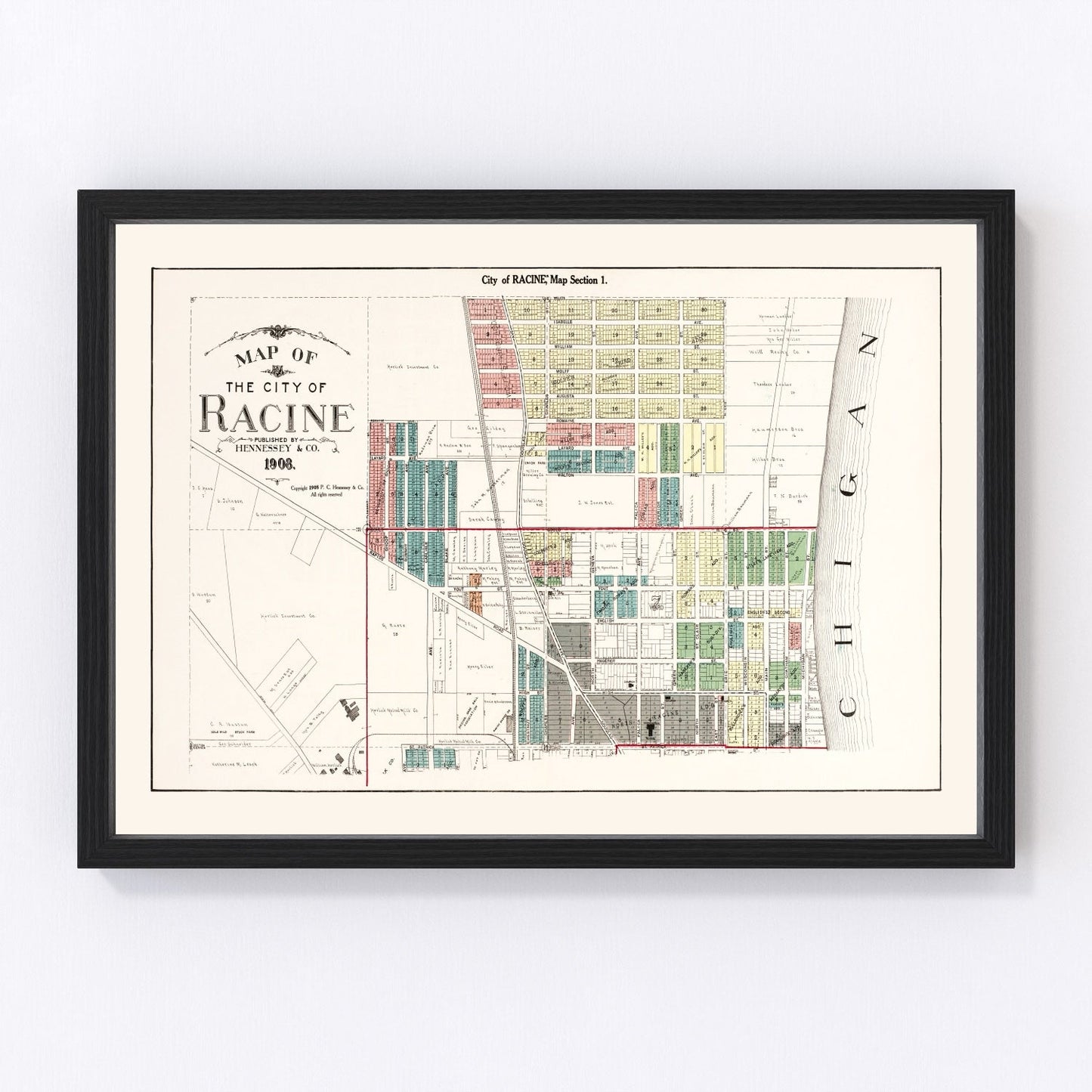 Vintage map of Racine, Wisconsin, 1908