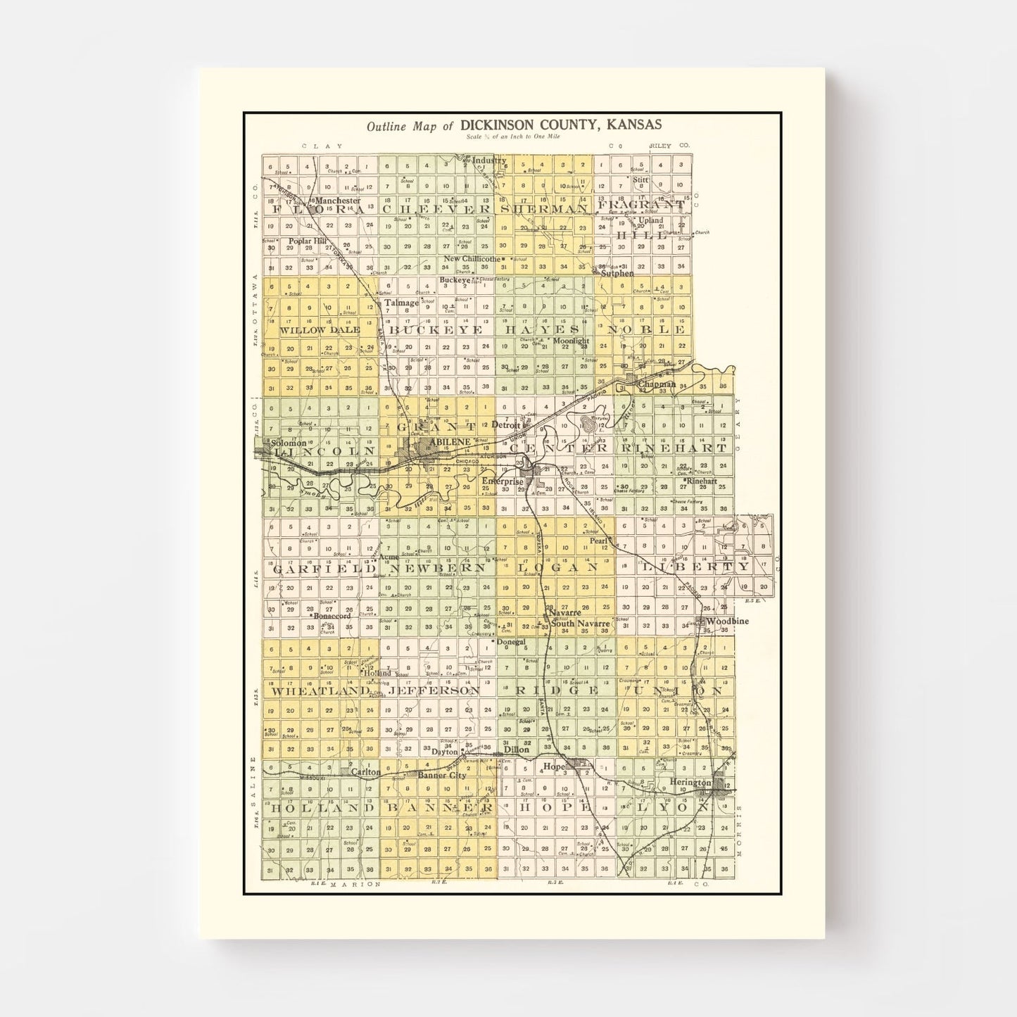 Vintage Map of Dickinson County, Kansas, 1909