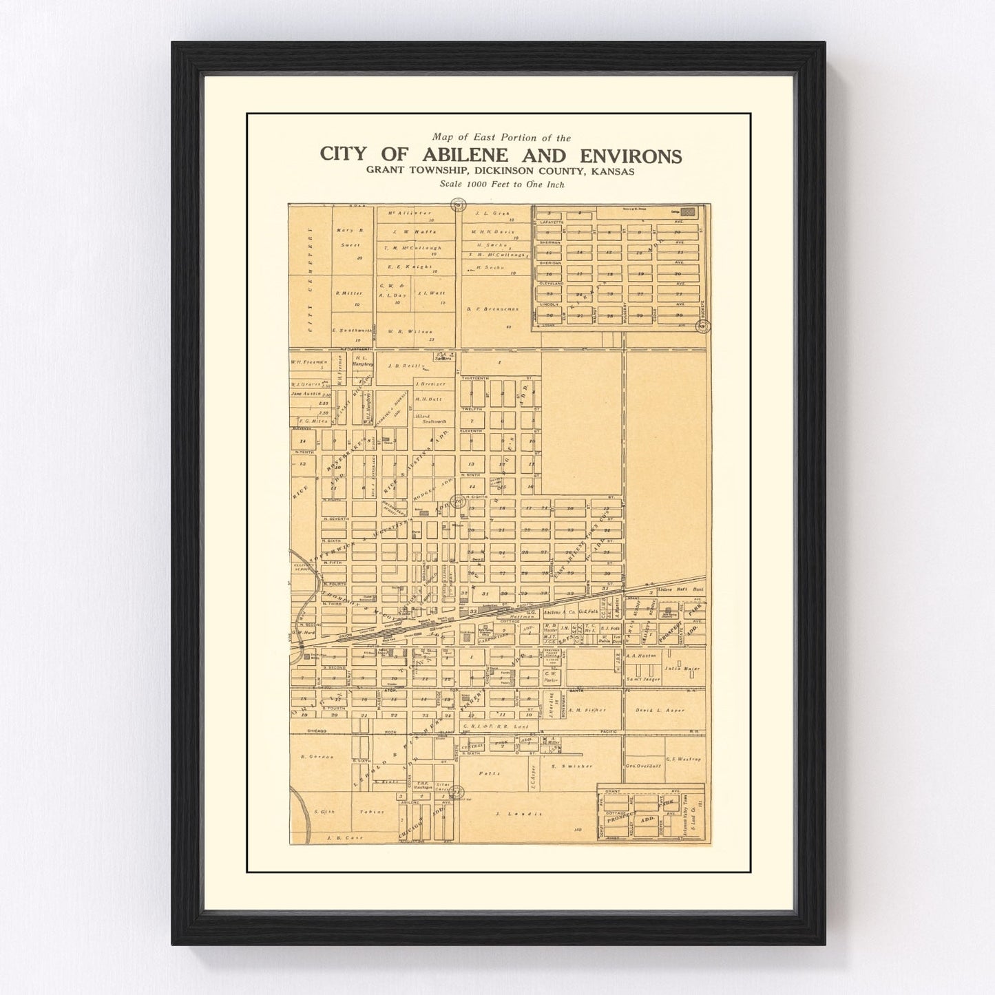 Vintage map of Abilene, Kansas, 1909 - restored Dickinson County survey map print