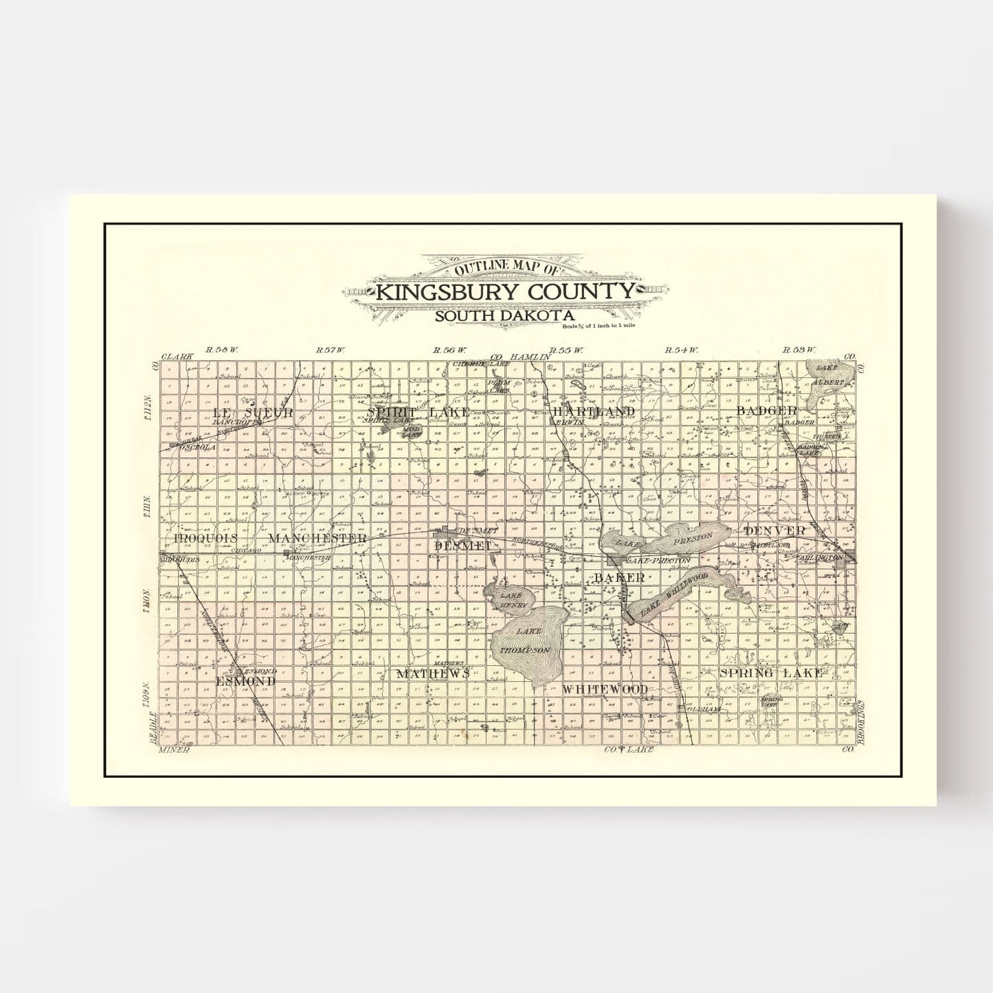 Vintage Map of Kingsbury County, South Dakota, 1909