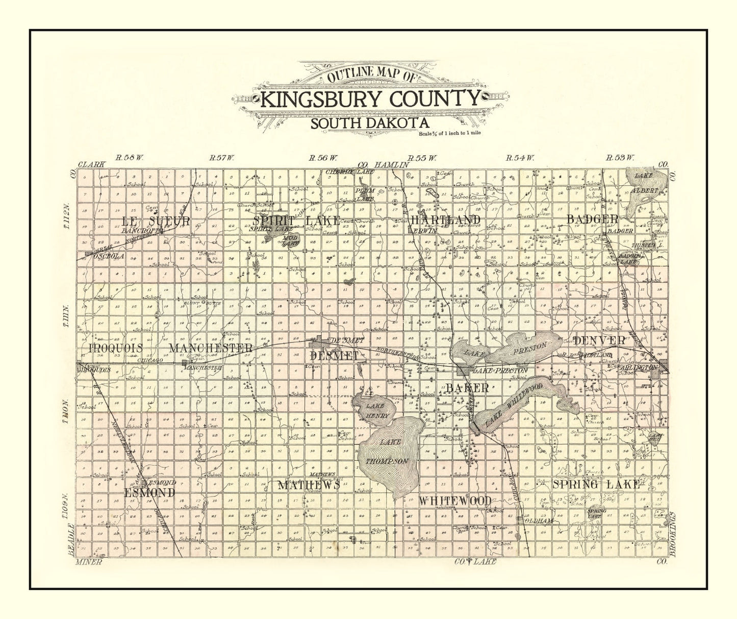 Vintage Map of Kingsbury County, South Dakota, 1909