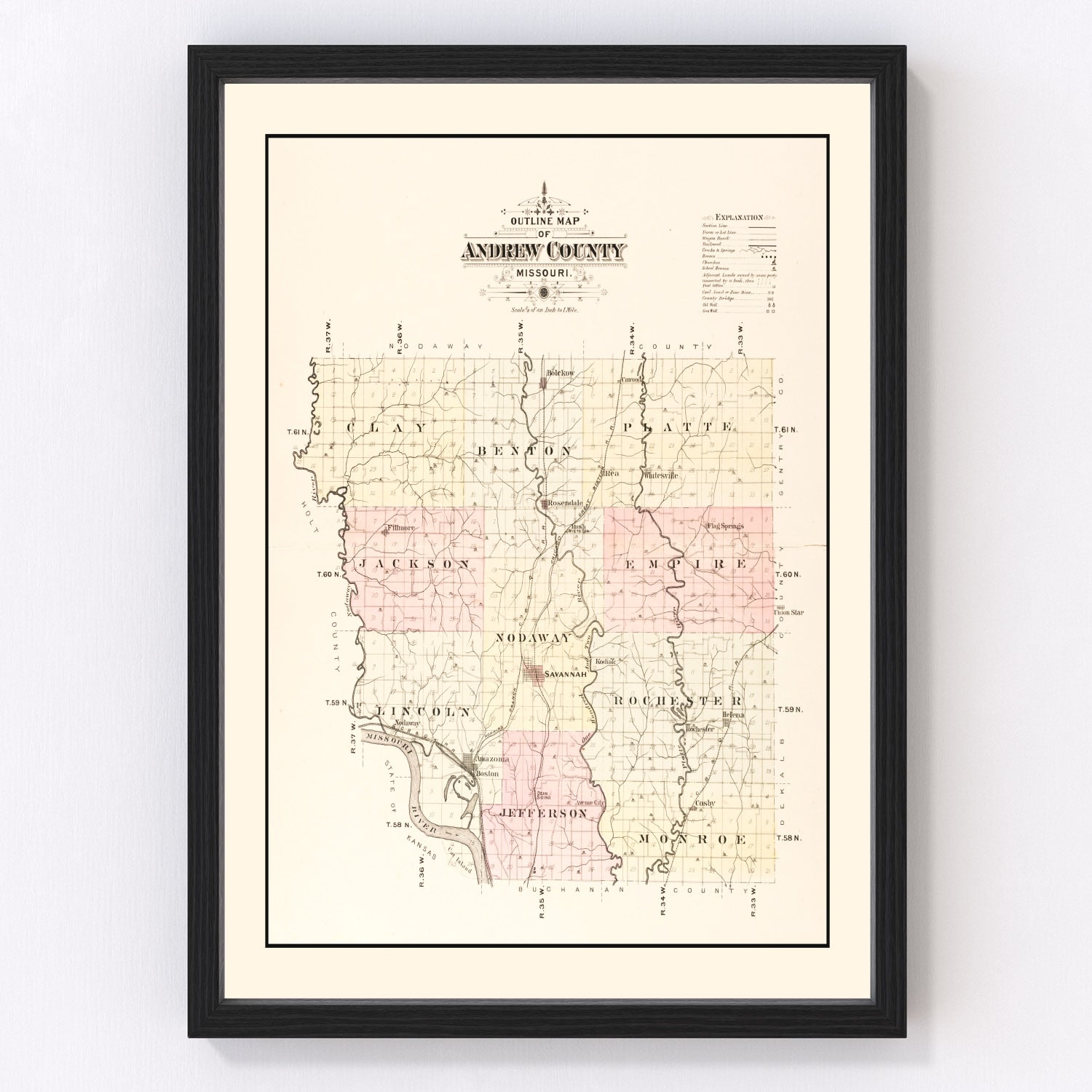 Restored vintage map of Andrew County, Missouri, 1909
