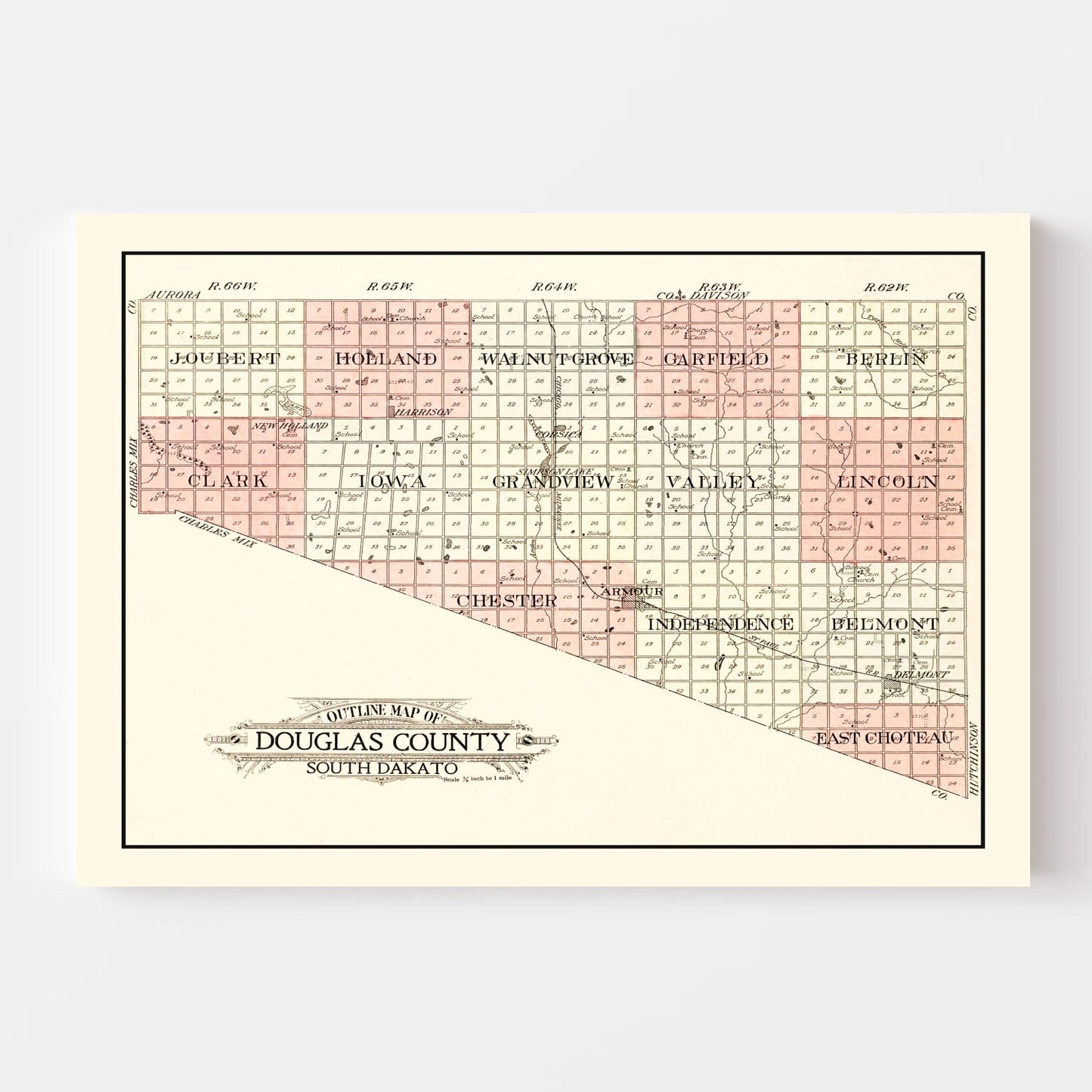 Vintage Map of Douglas County, South Dakota, 1909