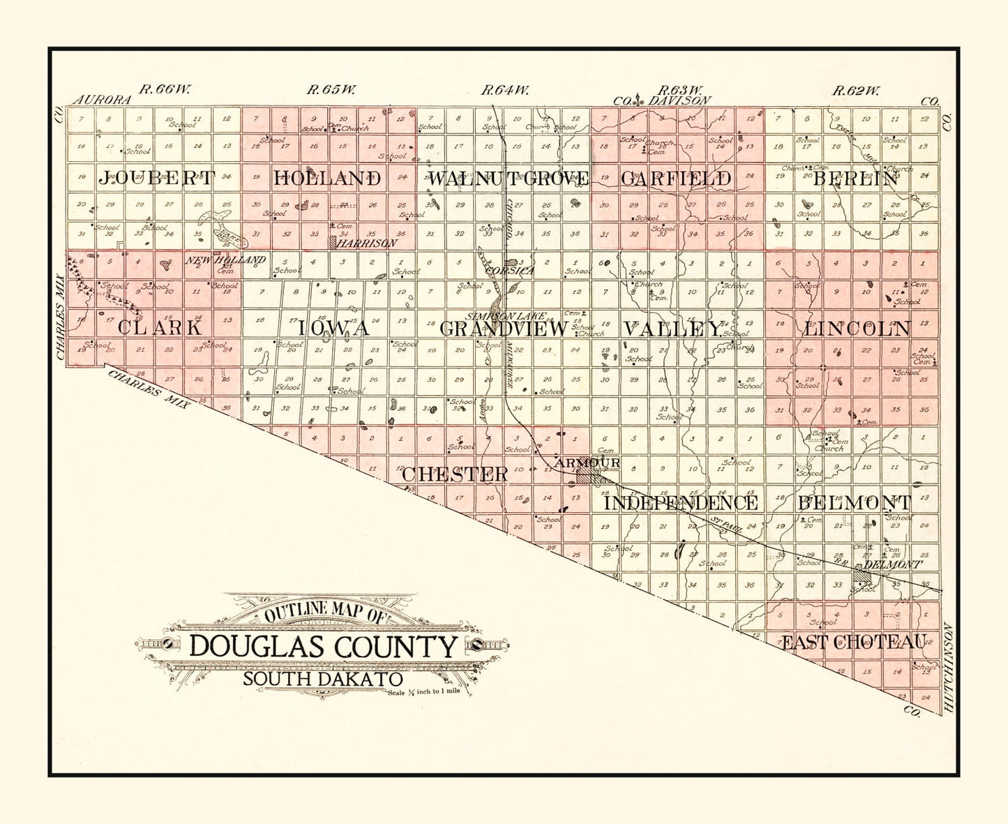 Vintage Map of Douglas County, South Dakota, 1909