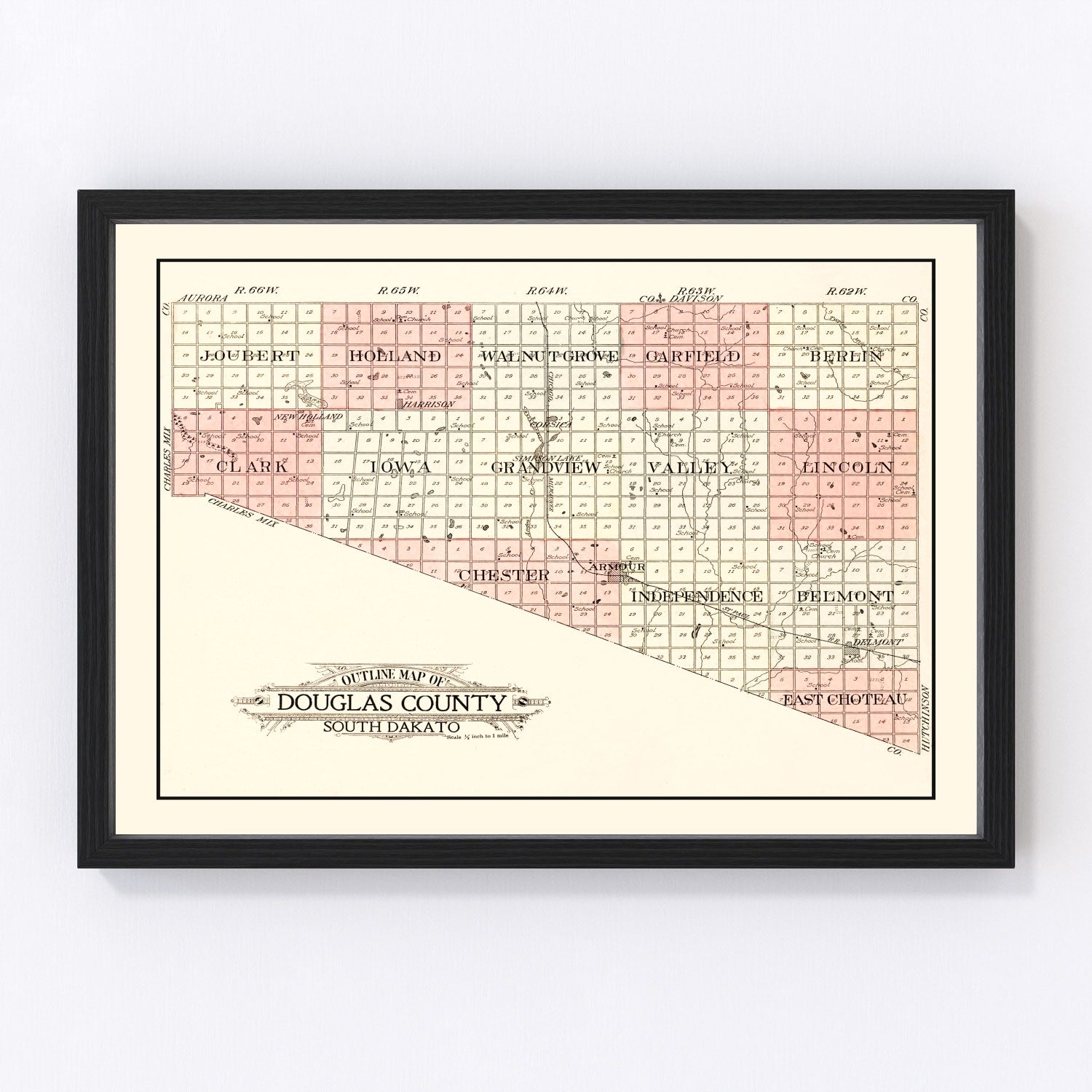 vintage map of Douglas County, South Dakota, 1909