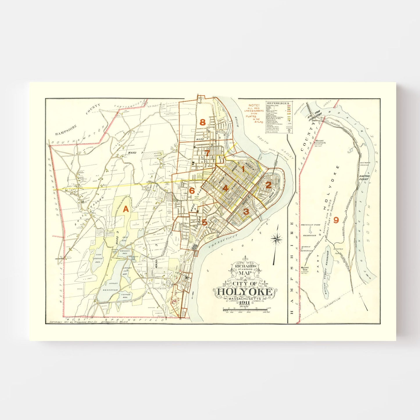 Vintage Map of Holyoke, Hampden County, Massachusetts, 1911