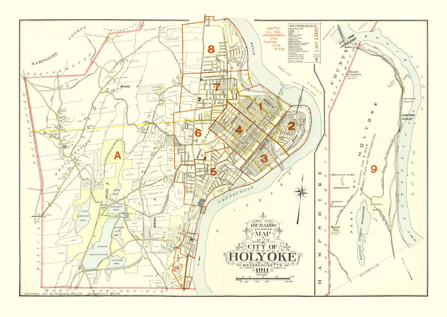 Vintage Map of Holyoke, Hampden County, Massachusetts, 1911