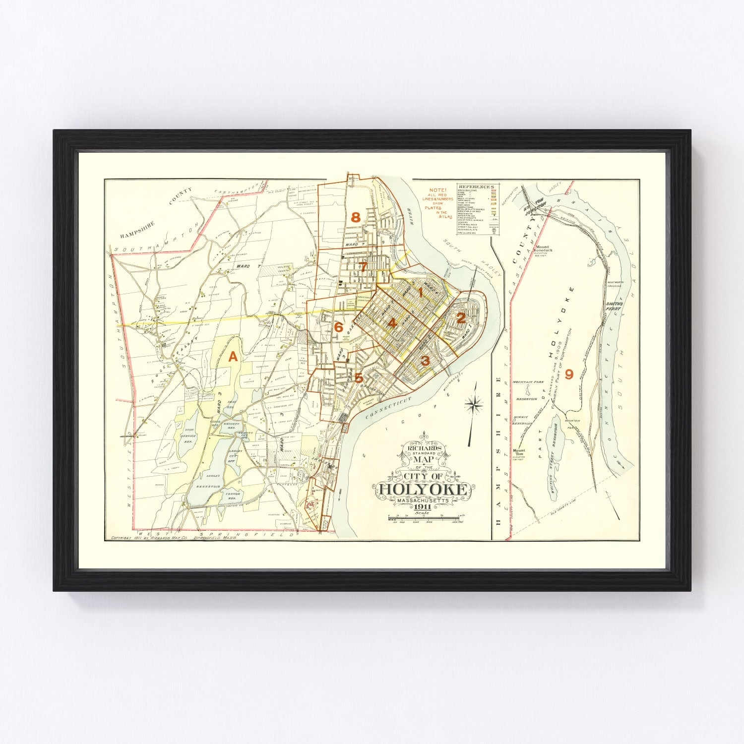 vintage map of Holyoke, Massachusetts, 1911