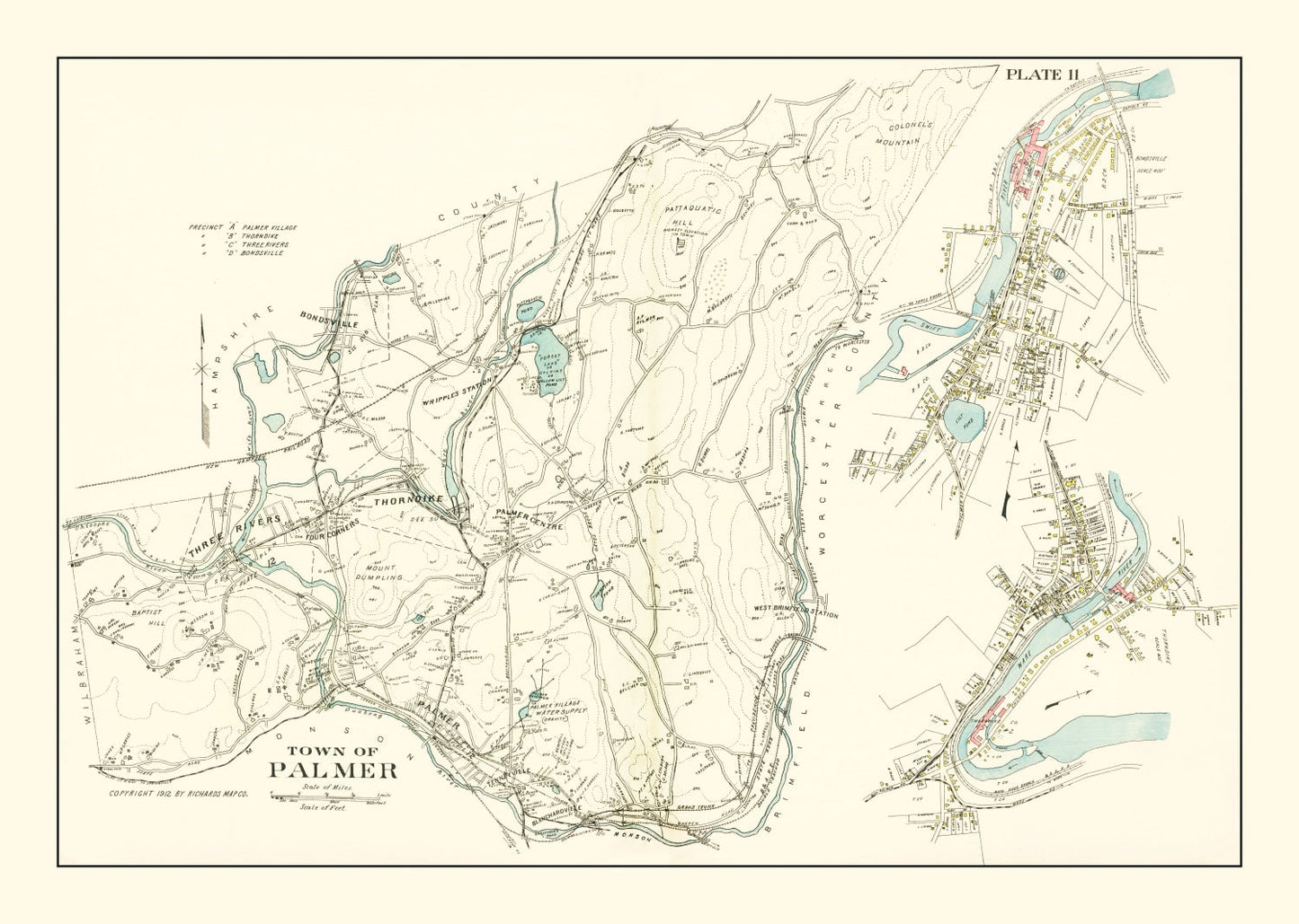 Vintage Map of Palmer, Massachusetts, 1912