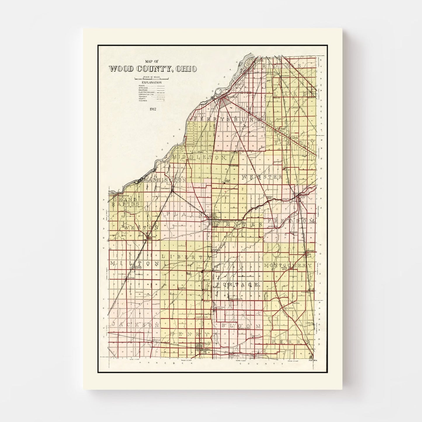 Vintage Map of Wood County, Ohio, 1912