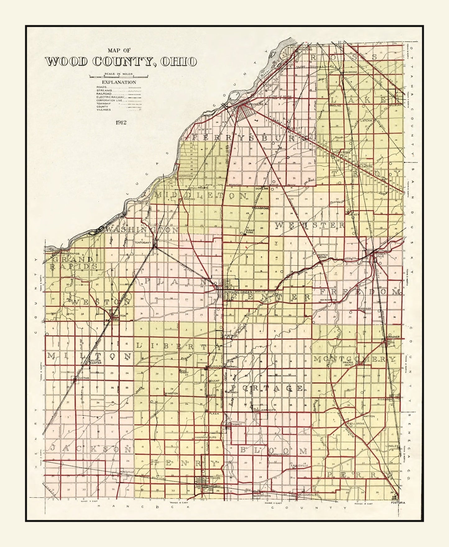 Vintage Map of Wood County, Ohio, 1912
