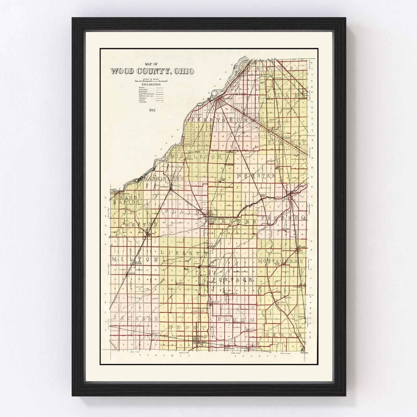 Vintage map of Wood County, Ohio, 1912, digitally restored