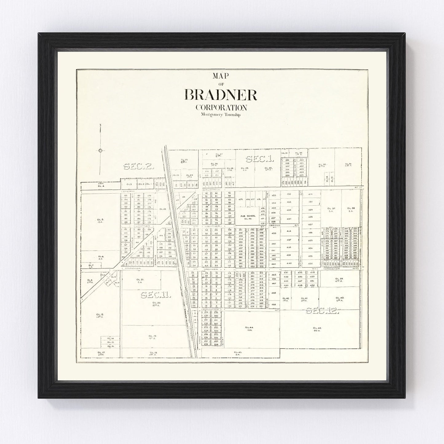 vintage map of Bradner Ohio, 1912, restored print wall art