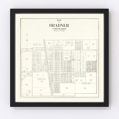 vintage map of Bradner Ohio, 1912, restored print wall art