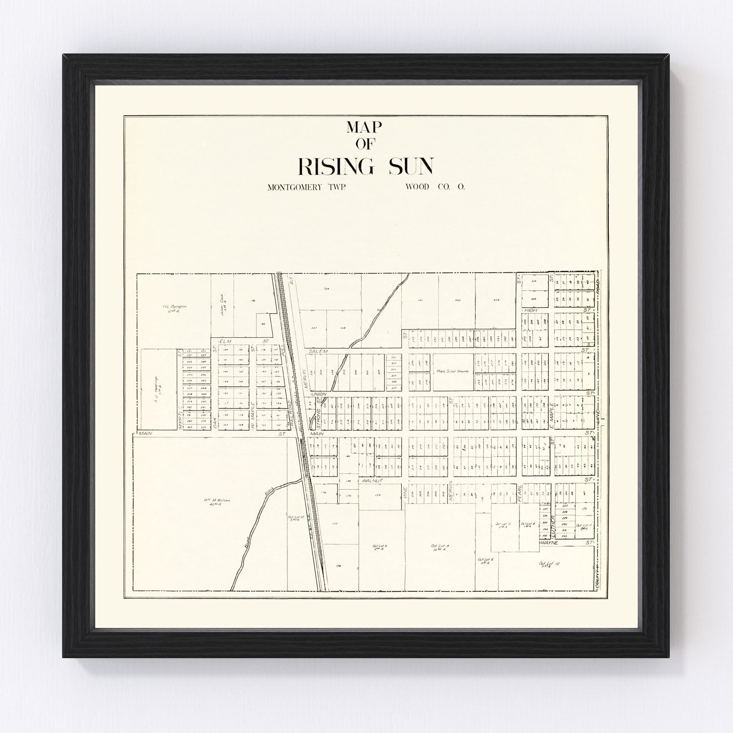 vintage map of Rising Sun, Ohio, 1912, small town county survey map