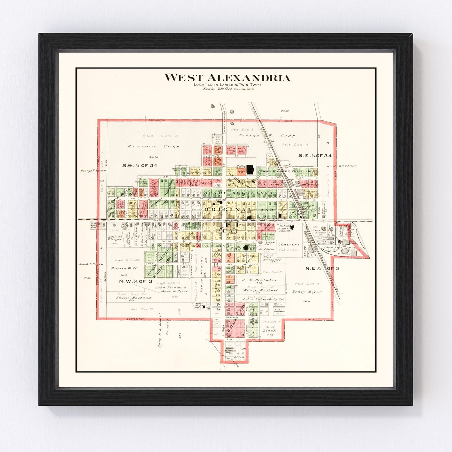 Vintage map of West Alexandria, Ohio, 1912, Preble County village and farms