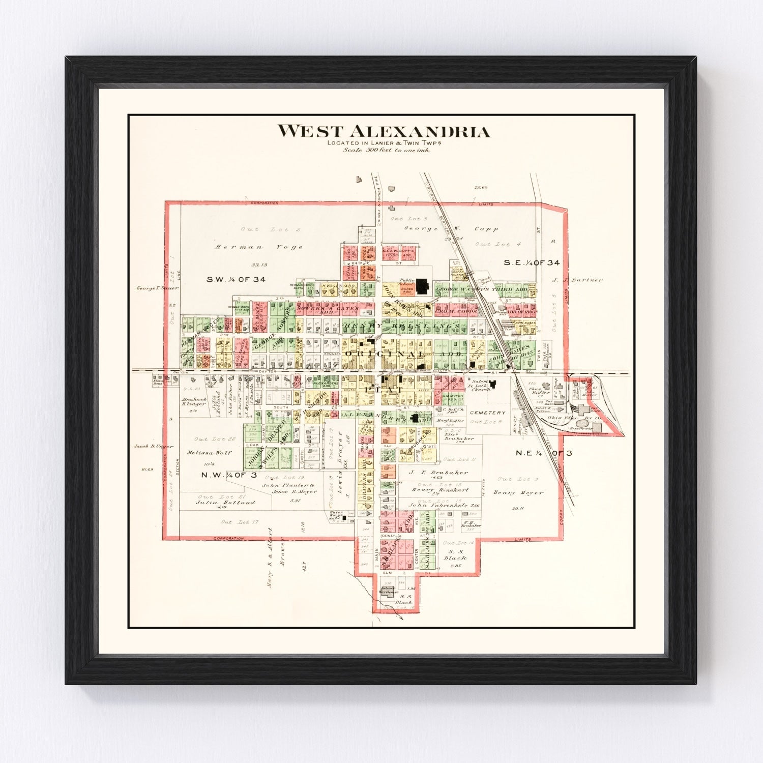 Vintage map of West Alexandria, Ohio, 1912, Preble County village and farms