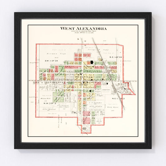 Vintage map of West Alexandria, Ohio, 1912, Preble County village and farms