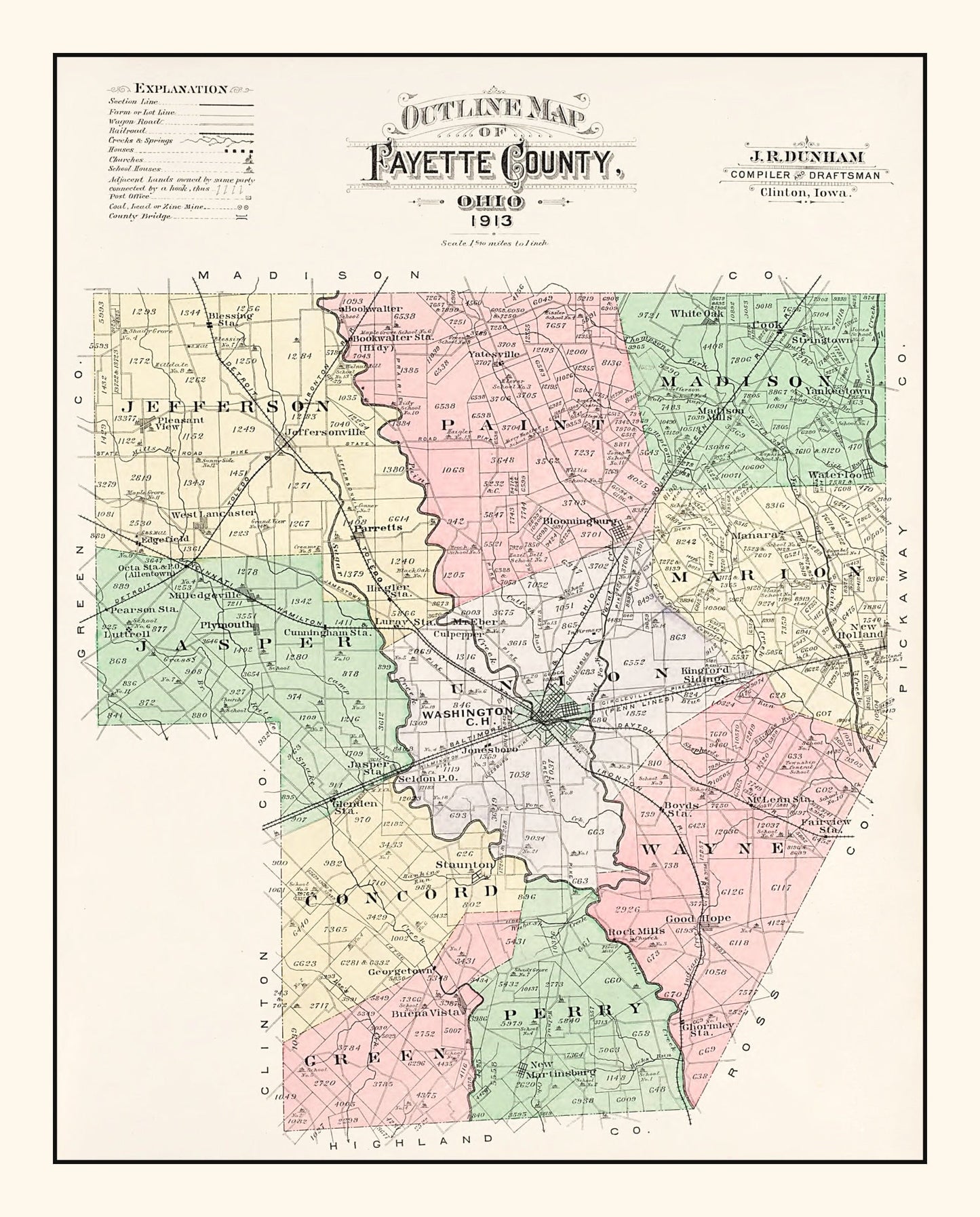 Vintage Map of Fayette County, Ohio, 1913