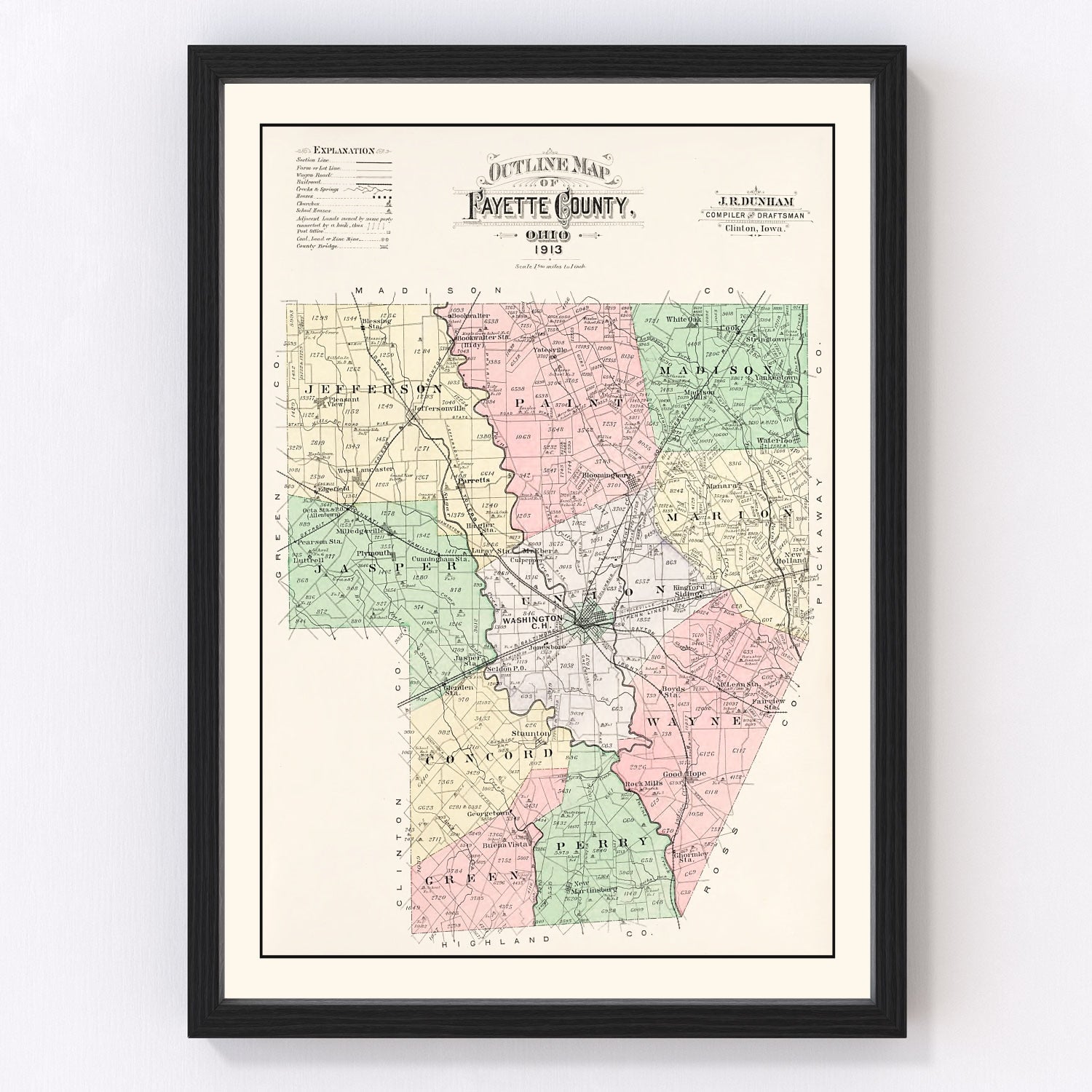 vintage map of Fayette County, Ohio, 1913
