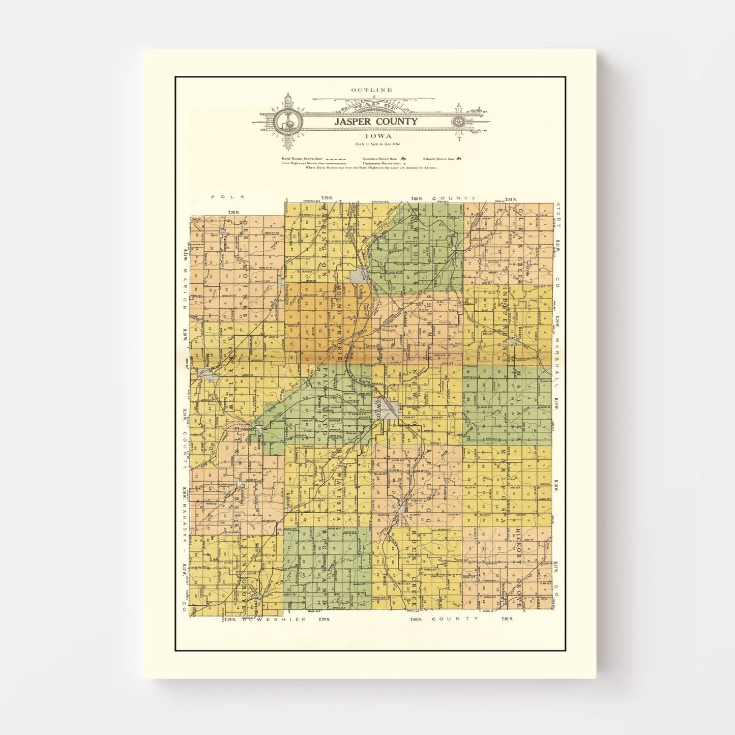 Vintage Map of Jasper County, Iowa, 1914