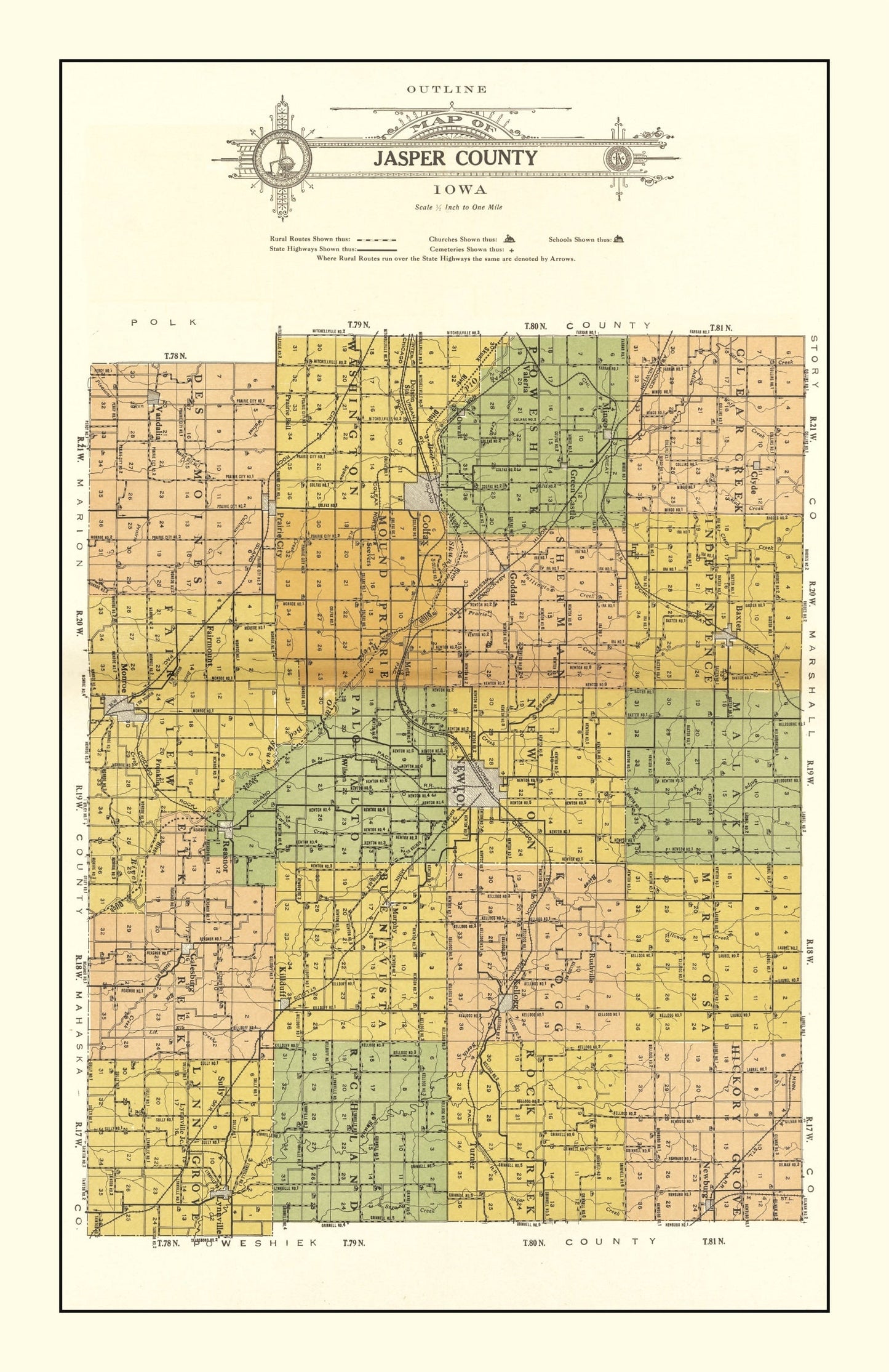 Vintage Map of Jasper County, Iowa, 1914