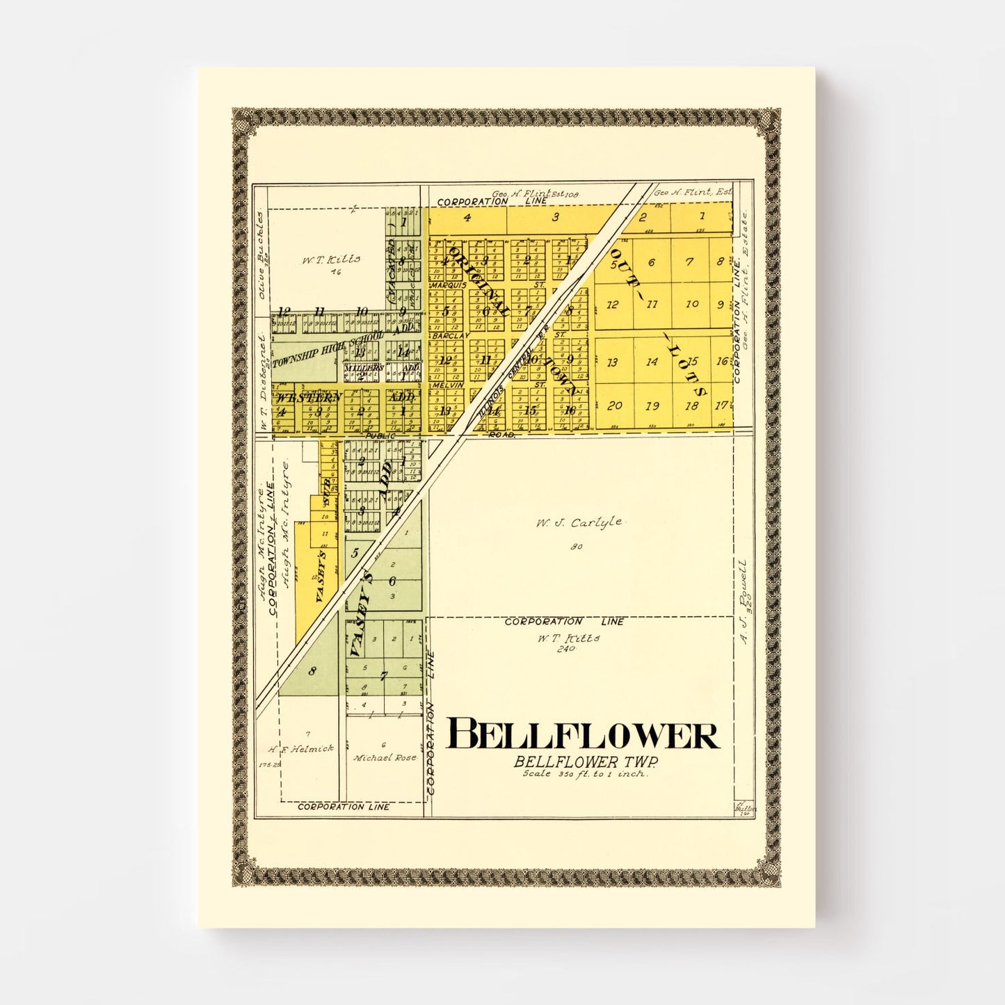 Vintage Map of Bellflower, Illinois, 1914