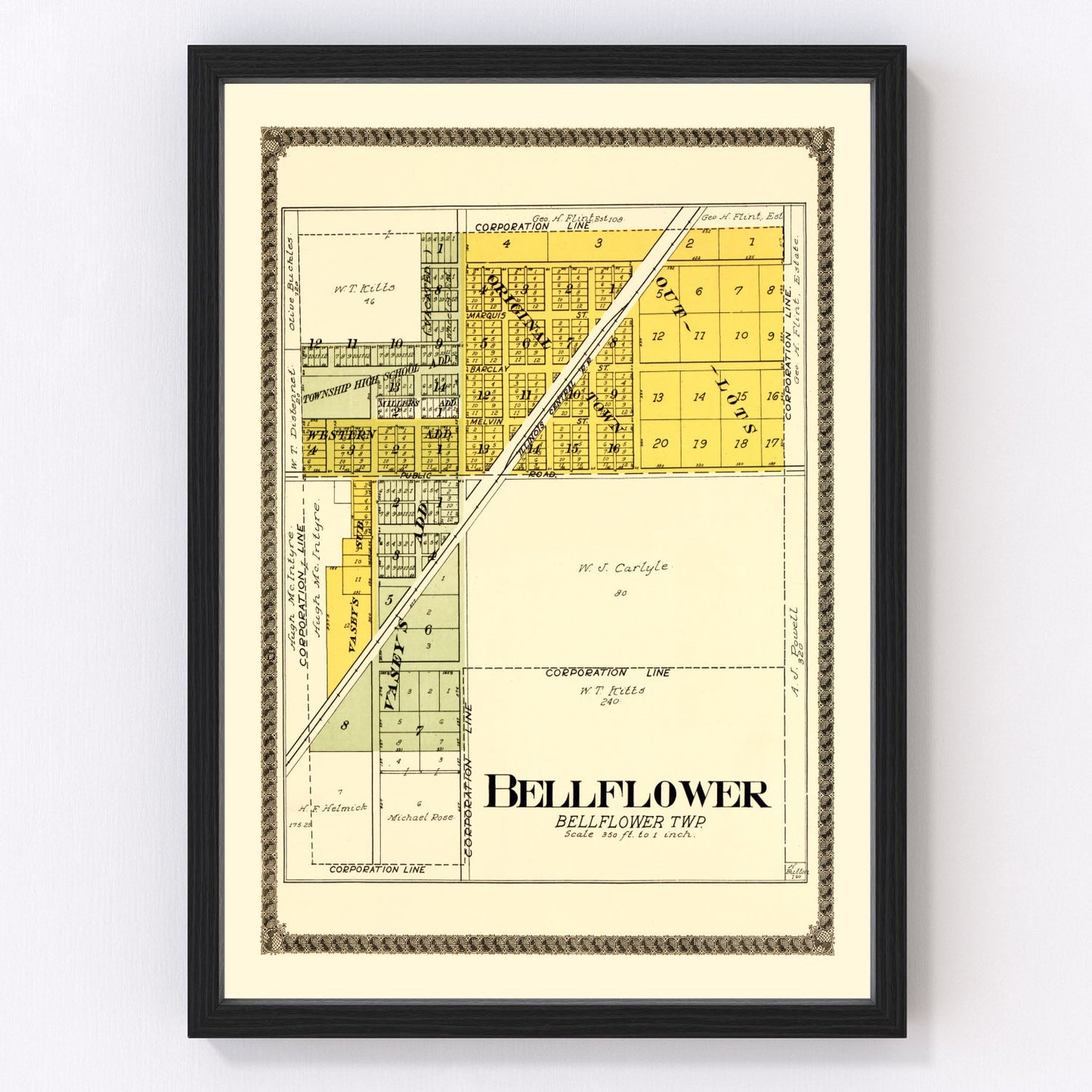 Vintage map of Bellflower, Illinois, 1914