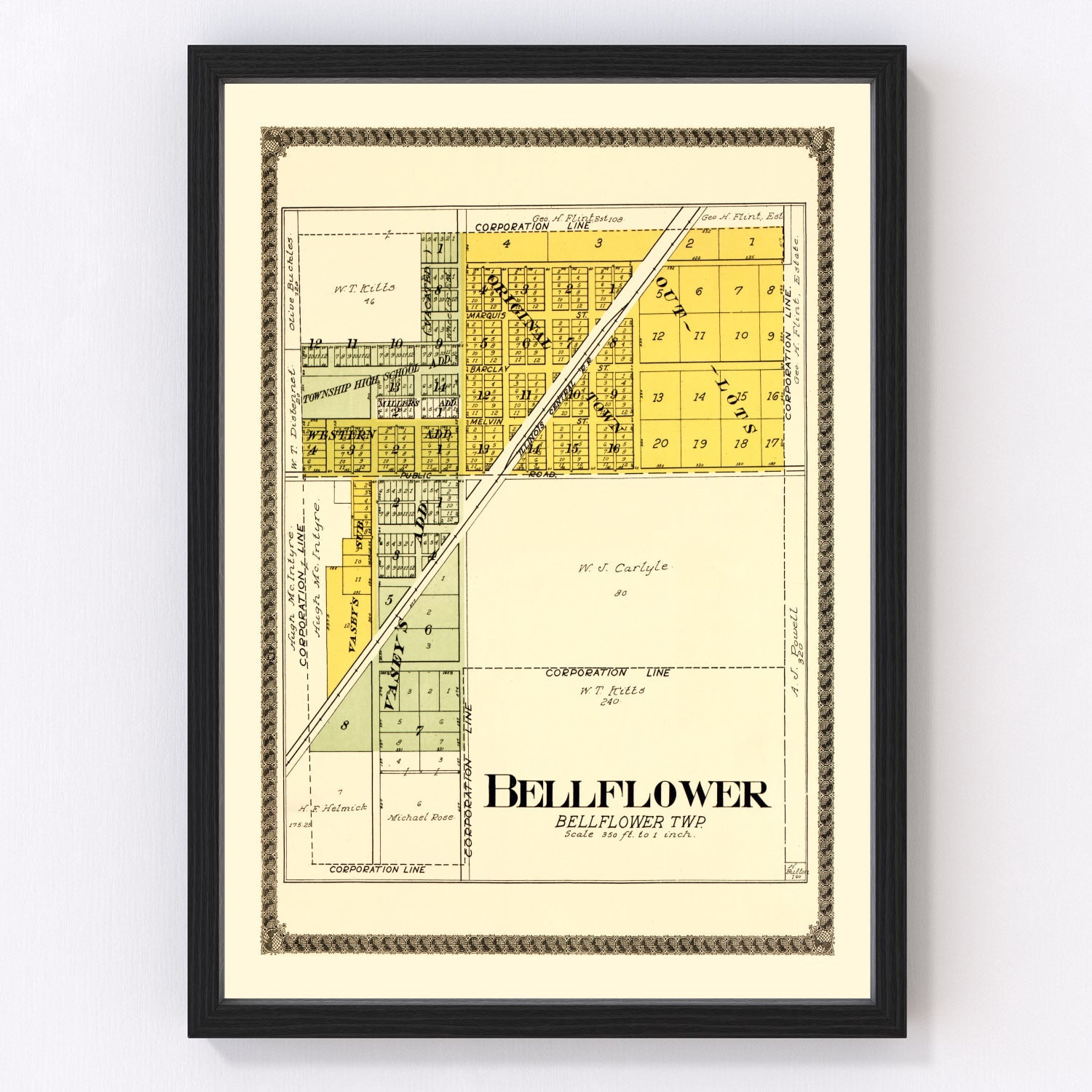 Vintage map of Bellflower, Illinois, 1914