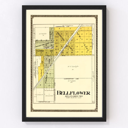 Vintage map of Bellflower, Illinois, 1914