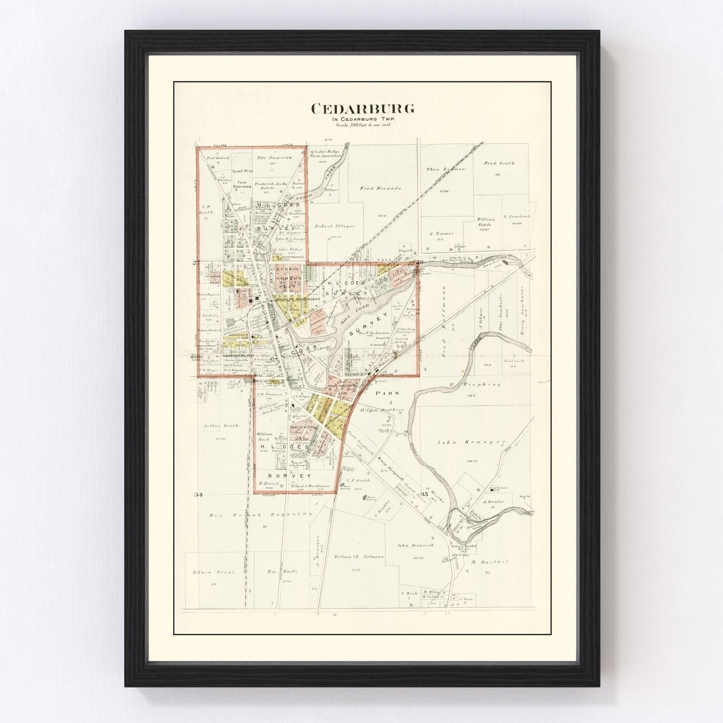 Vintage map of Cedarburg, Wisconsin, 1915, restored vintage wall art print