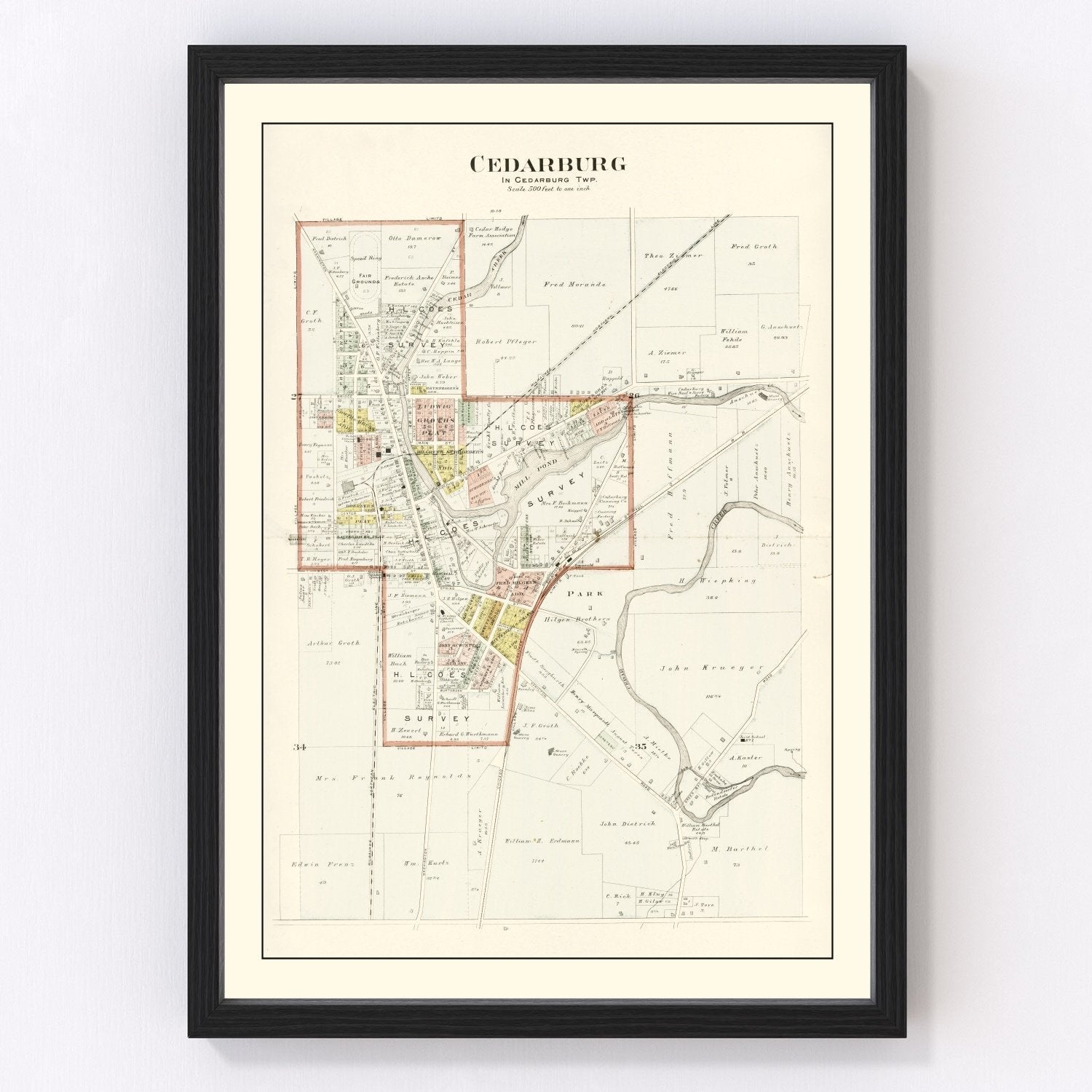 Vintage map of Cedarburg, Wisconsin, 1915, restored vintage wall art print