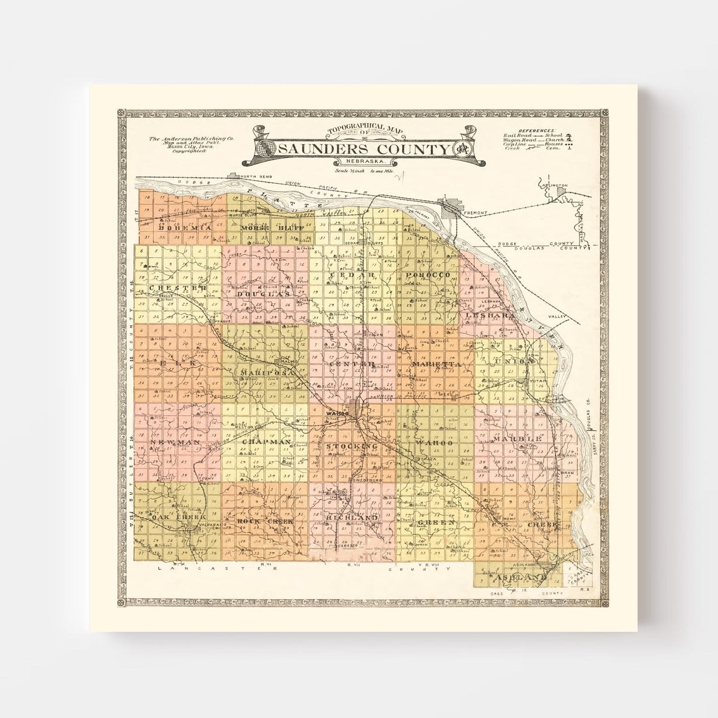 Vintage Map of Saunders County, Nebraska, 1916