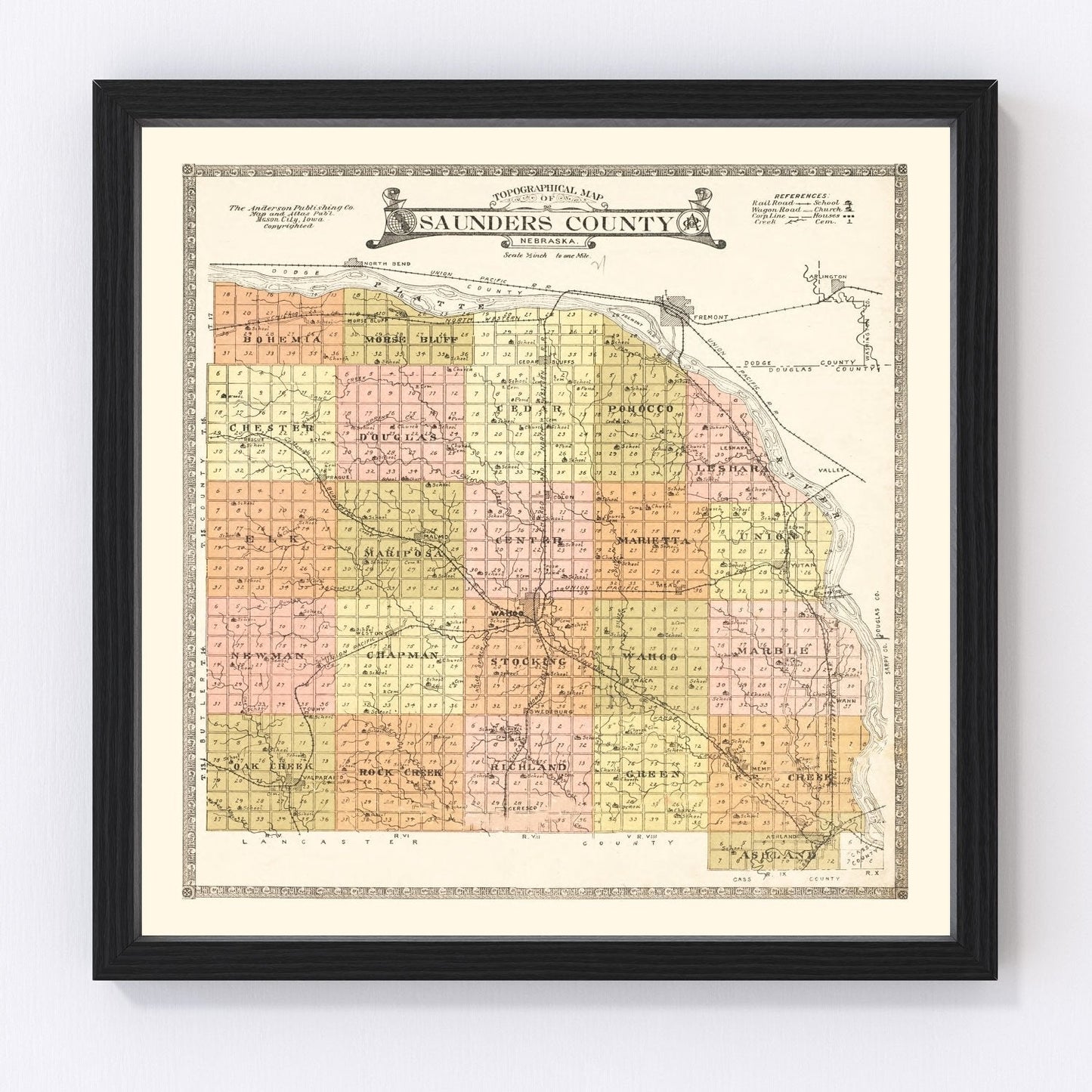 vintage map of Saunders County, Nebraska, 1916