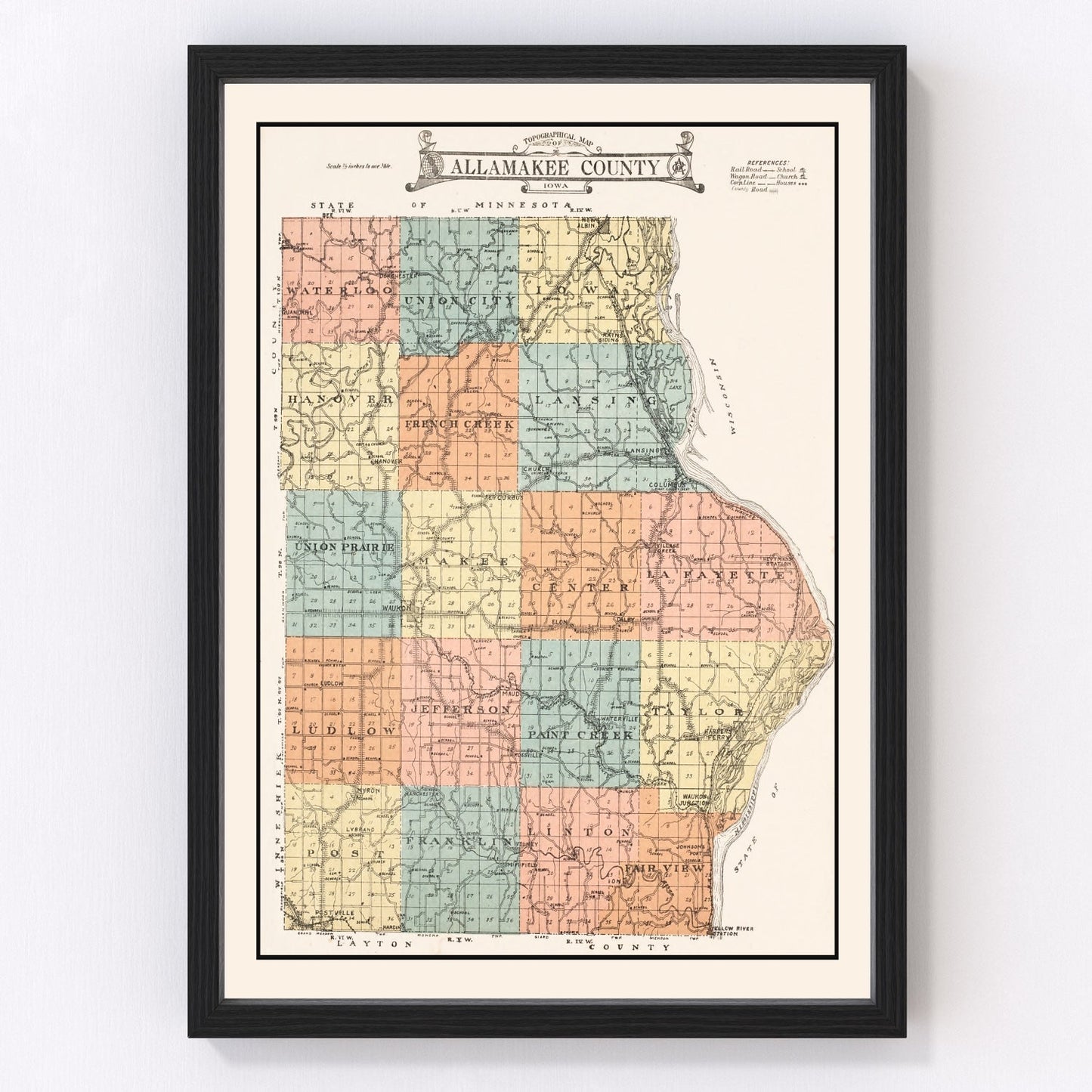 Vintage map of Allamakee County, Iowa, 1917 - northeast Iowa county atlas print