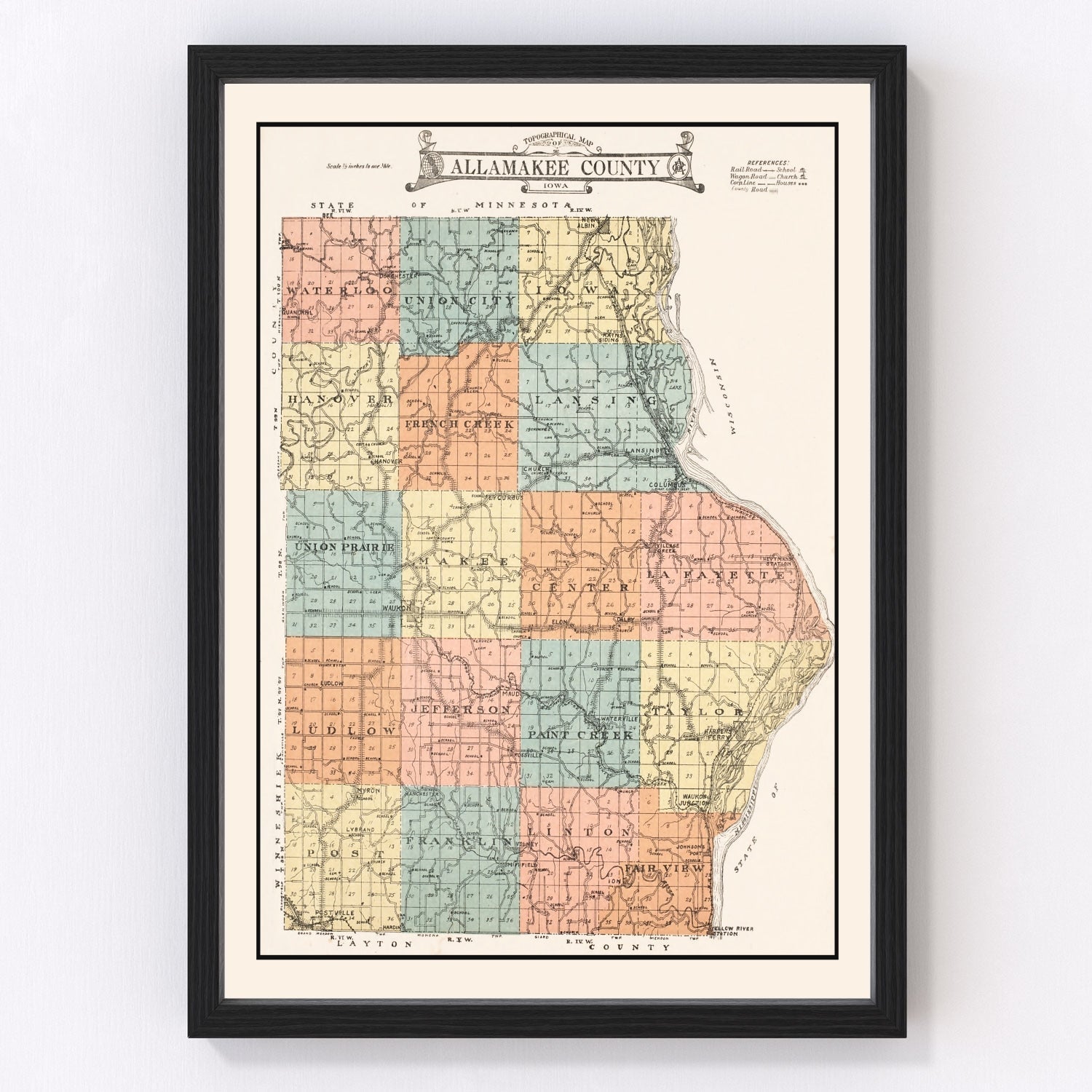 Vintage map of Allamakee County, Iowa, 1917 - northeast Iowa county atlas print