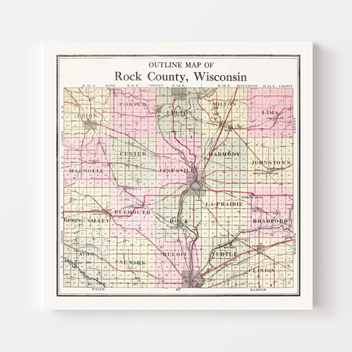Vintage Map of Rock County, Wisconsin, 1917