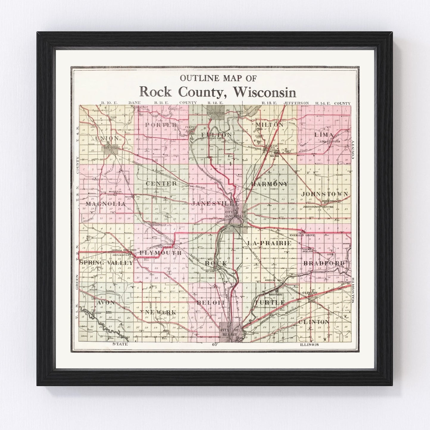 vintage map of Rock County, Wisconsin, 1917