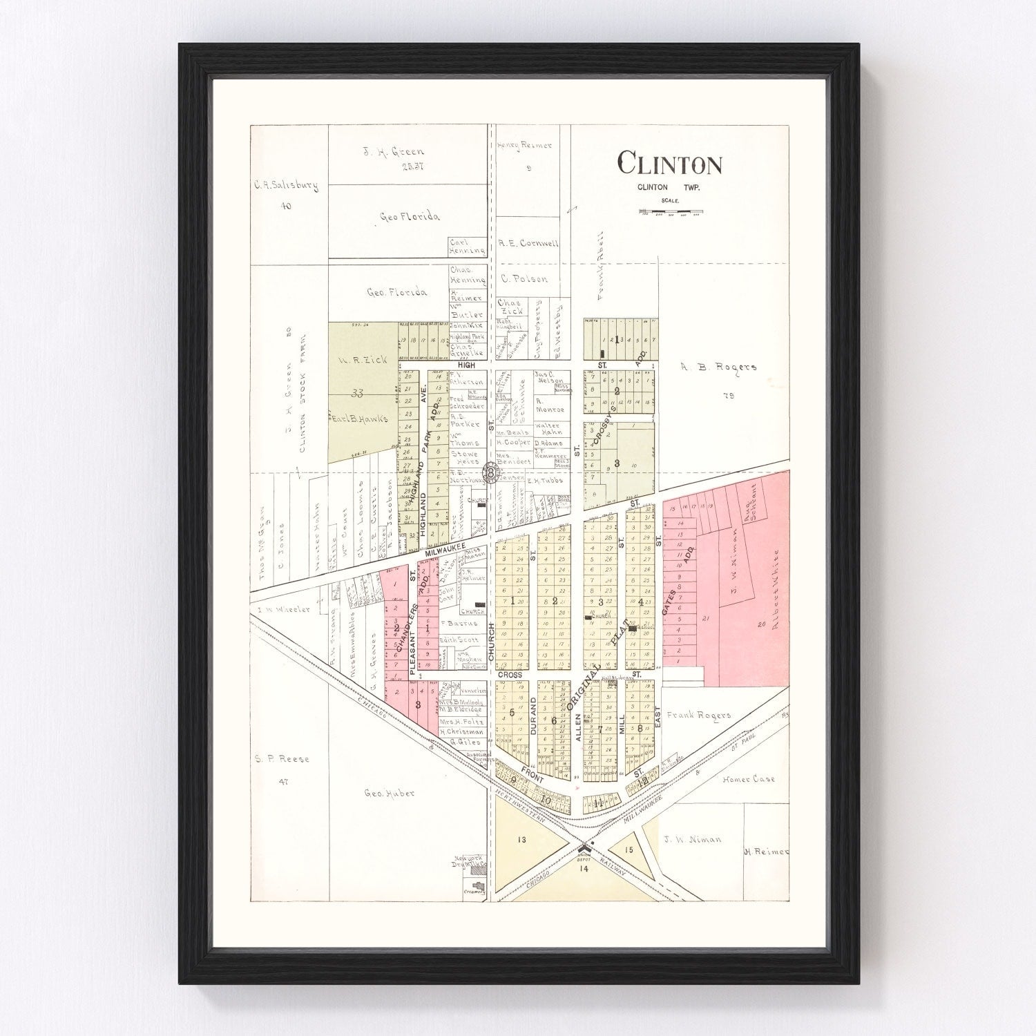 vintage map of Clinton, Wisconsin, 1917