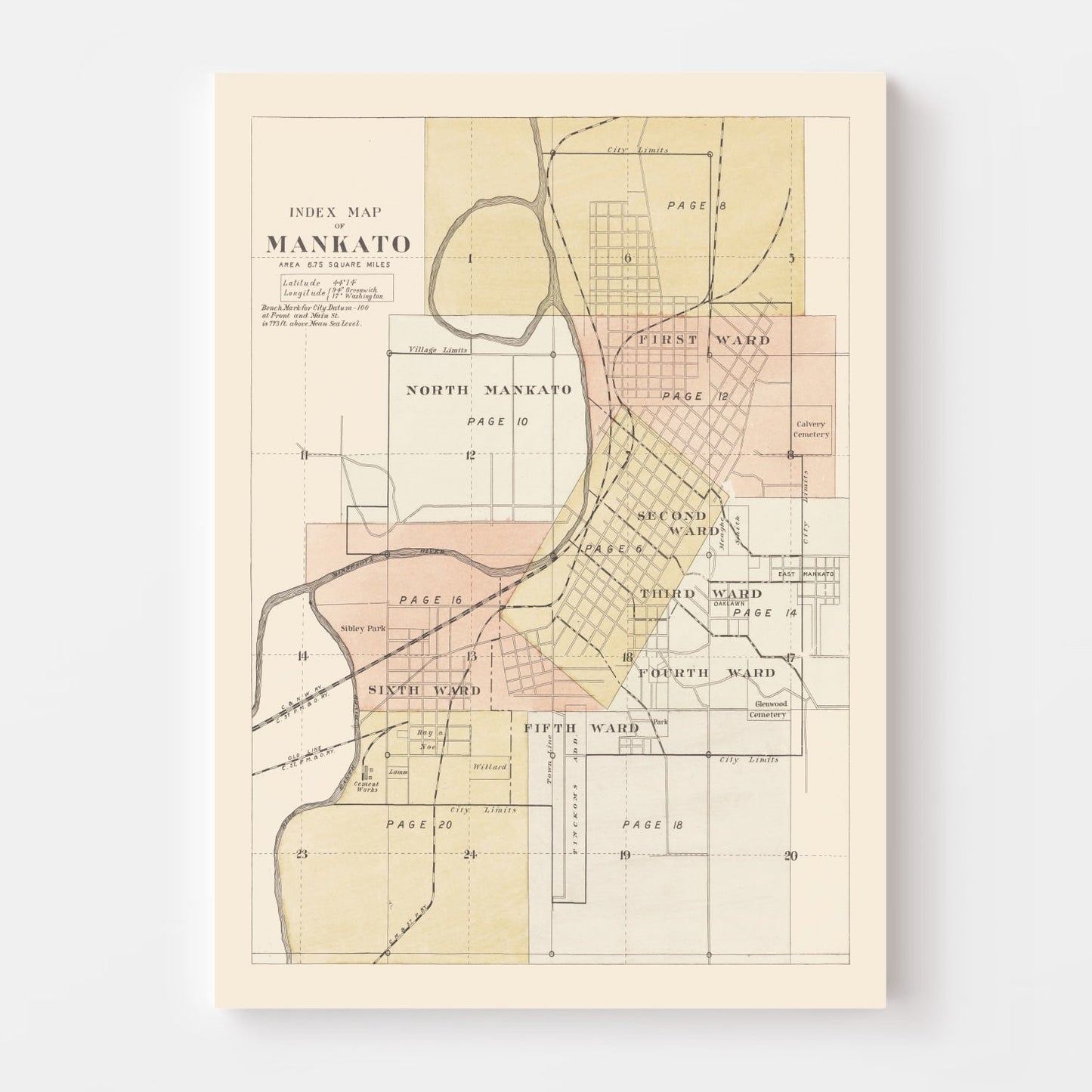 Vintage Map of Mankato, Minnesota, 1921