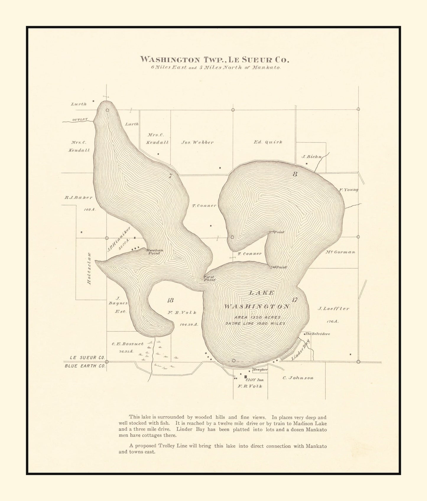 Vintage Lake Washington, Minnesota Map, 1921