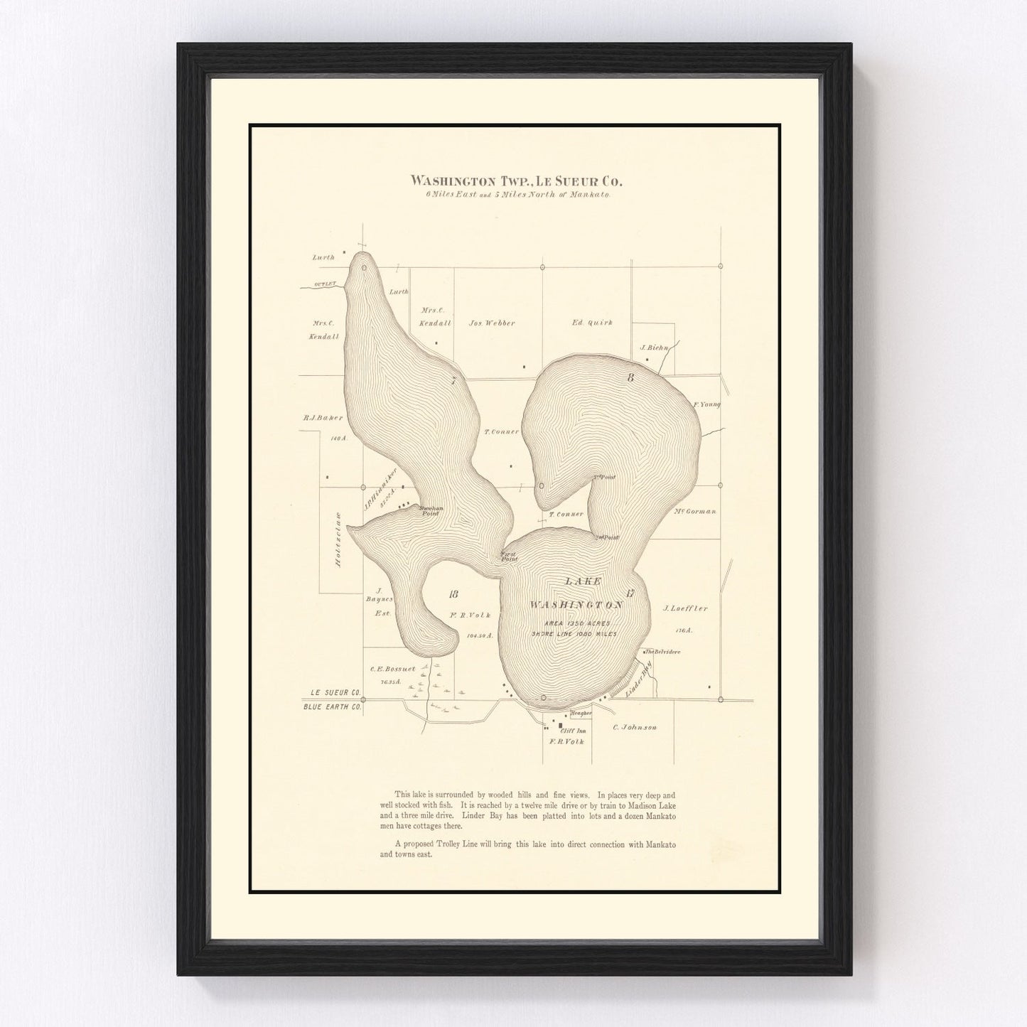 Vintage lake survey map of Lake Washington, Minnesota, 1921