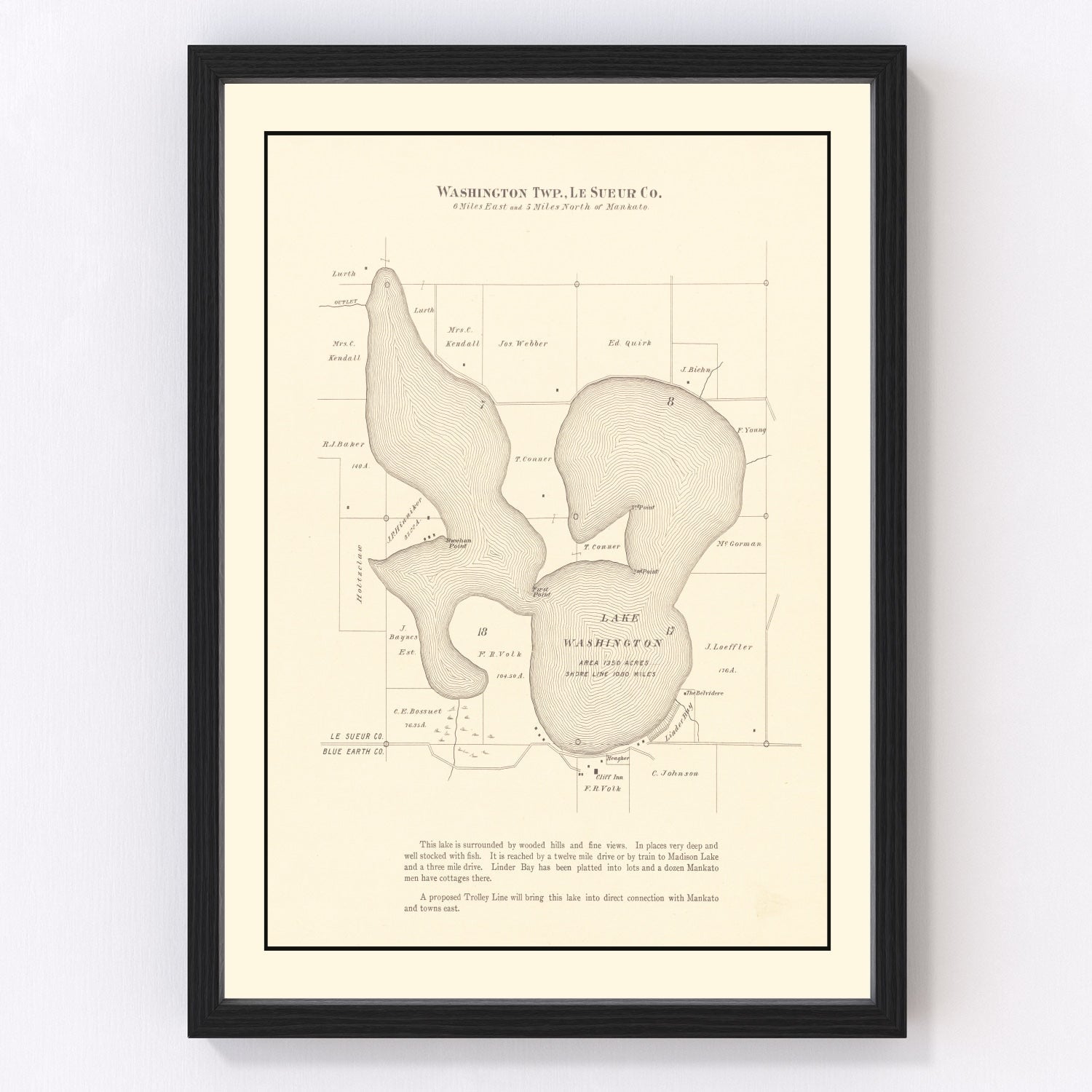 Vintage lake survey map of Lake Washington, Minnesota, 1921