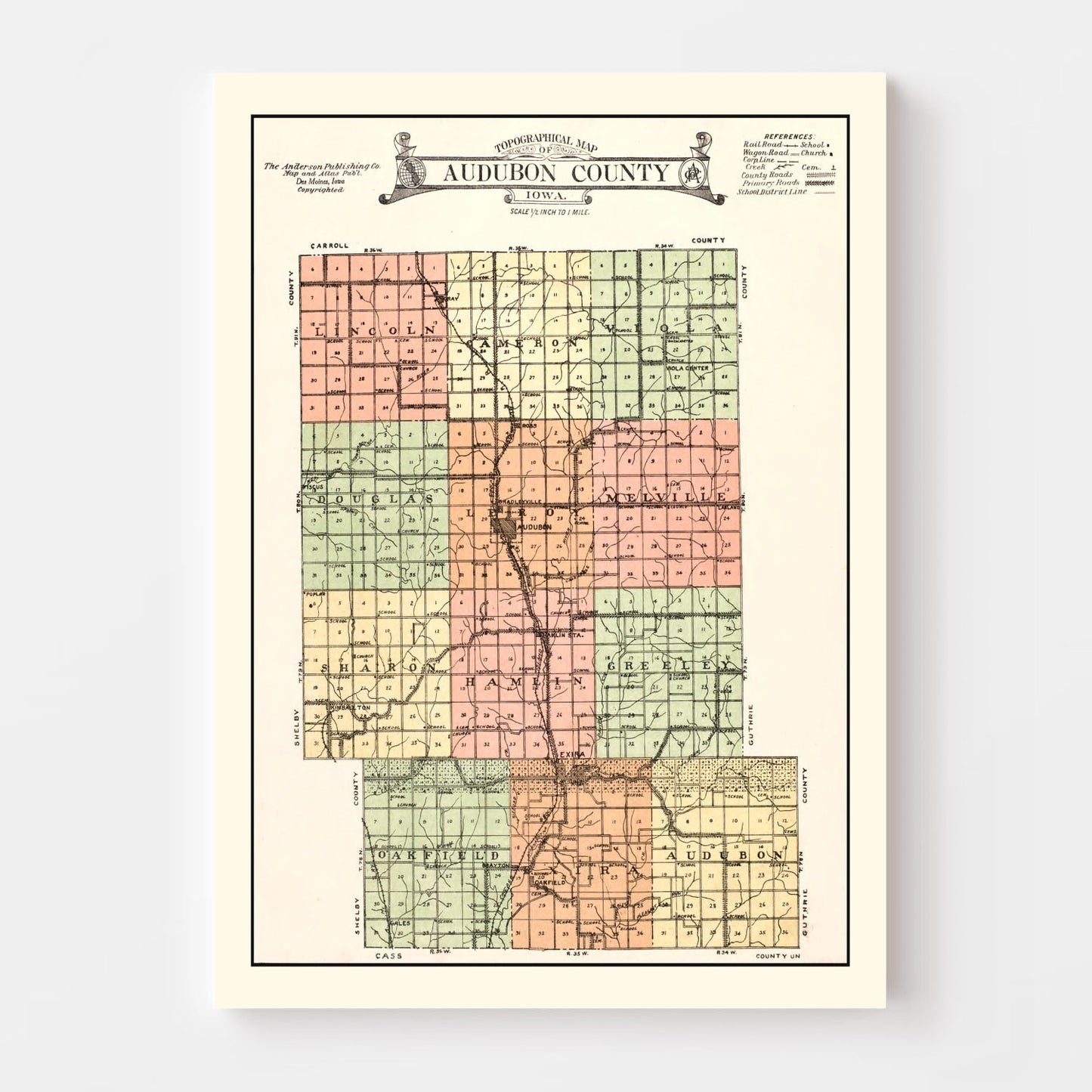 Vintage Map of Audubon County, Iowa, 1921
